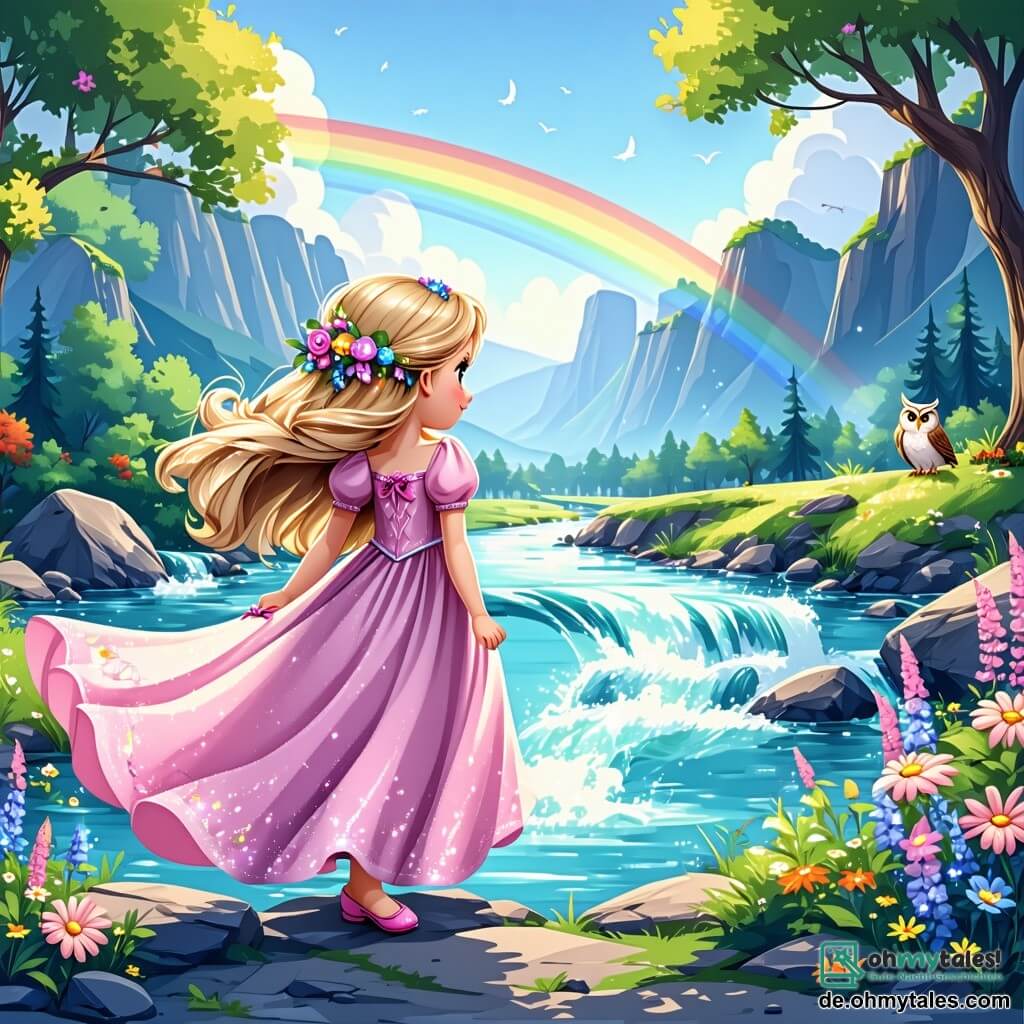 Die Prinzessin Lila, ein etwa 8-jähriges Mädchen, hat lange, goldene Haare, die in der Sonne glänzen, und trägt ein rosa Kleid, das mit bunten Blumen verziert ist. Sie ist voller Staunen und Freude und blickt mit funkelnden Augen auf einen wunderschönen, glitzernden Fluss vor ihr, auf dessen Oberfläche Regenbogenreflexe tanzen. Neben ihr sitzt Hoot, eine kleine, weise und freundliche Eule mit braunen Federn und großen runden Augen, die sich auf einem Ast direkt über Lila niedergelassen hat. Hoot, der sanft hootet, scheint Lila zu ermutigen, sich einen Wunsch beim magischen Fluss zu wünschen. Der Ort ist ein wunderschöner, verzauberter Wald, gefüllt mit großen Bäumen und bunten Blumen. Sonnenstrahlen dringen durch das Blätterdach und erhellen den weichen, moosbedeckten Weg mit kleinen, glänzenden Steinen. Die Hauptsituation zeigt Lila, die die Arme zur Freude hebt, bereit, sich beim magischen Fluss einen Wunsch zu erfüllen, während Hoot sie wohlwollend beobachtet, umgeben von der märchenhaften Schönheit der Natur.