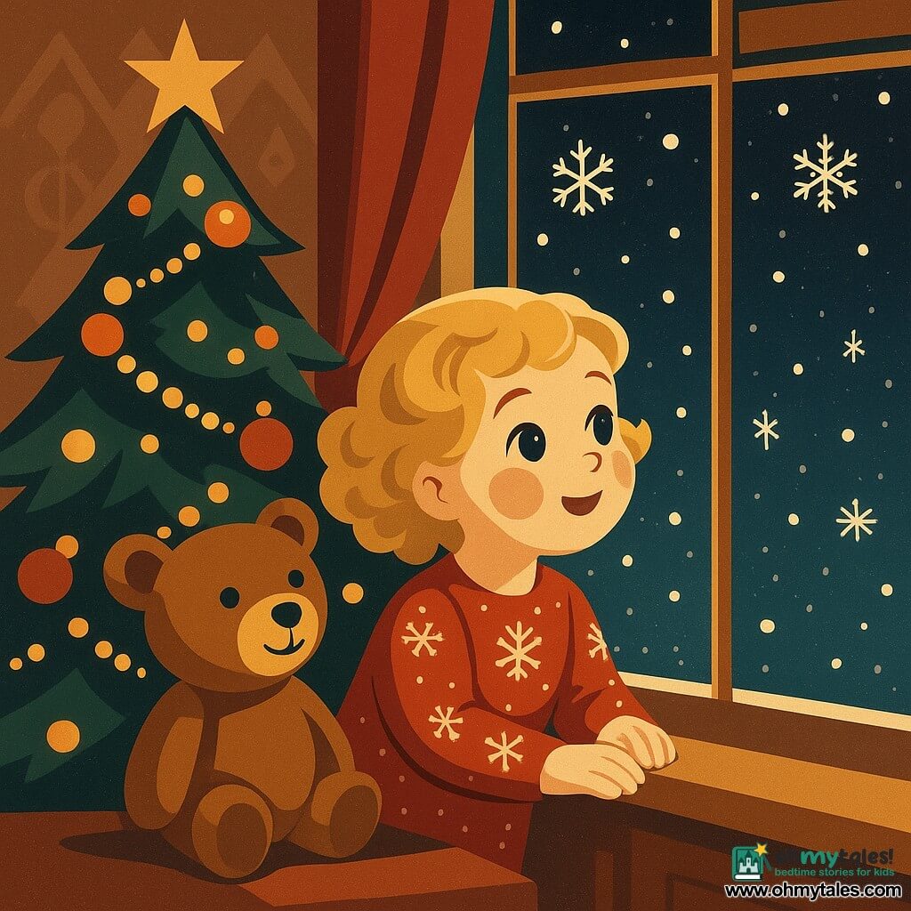 A 2-year-old girl with sparkling eyes and curly blonde hair, dressed in red pajamas with snowflake patterns, gazes out the window in wonder. A brown teddy bear named Mr. Cuddles sits beside her on the windowsill, also appearing fascinated by the view. The scene takes place in a cozy living room decorated for Christmas, with a large tree sparkling with lights and colorful ornaments. Snowflakes gently fall outside, creating a magical and festive atmosphere.