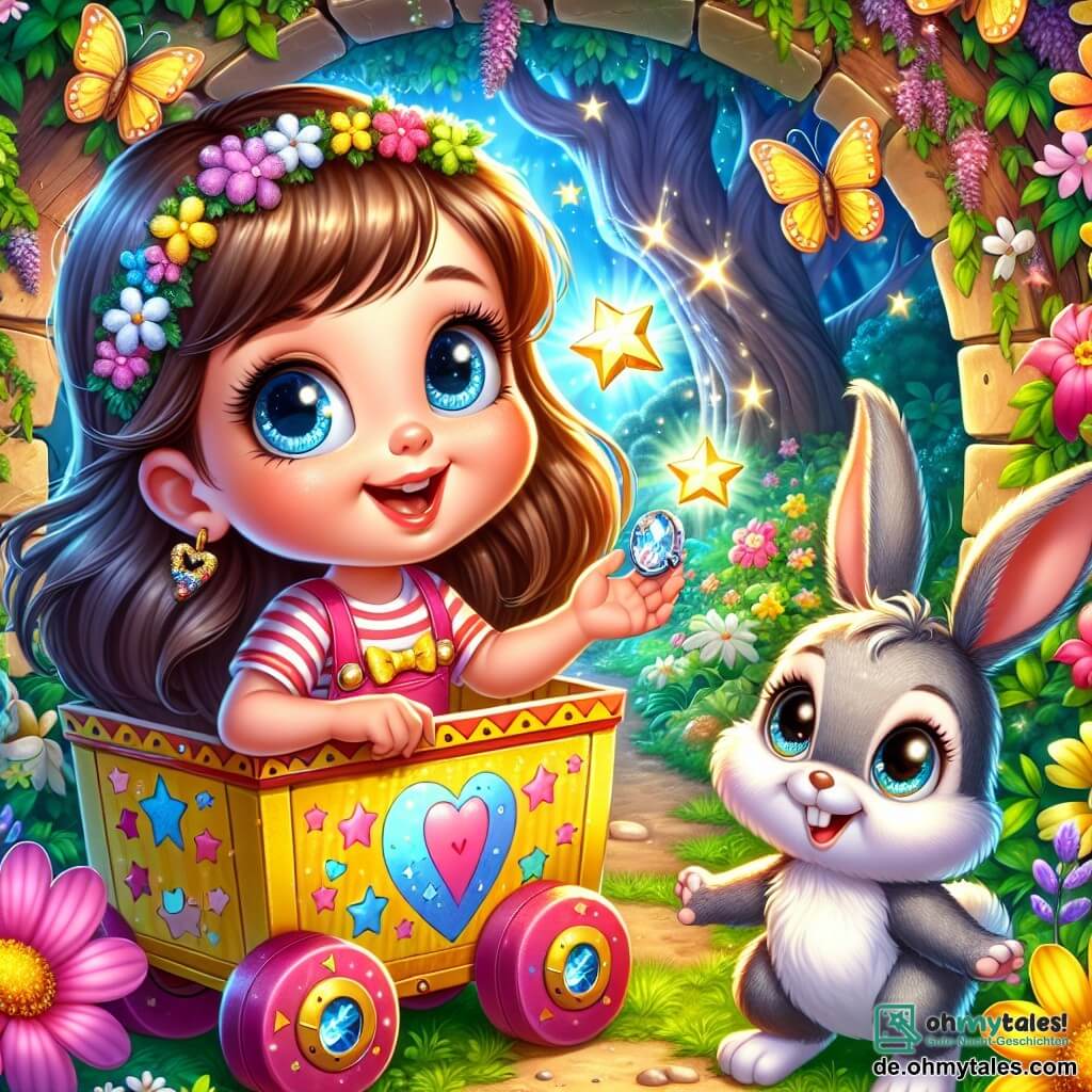 Ein fünfjähriges Mädchen namens Lina mit langen braunen Haaren und neugierigen Augen sitzt in ihrem bunten Kartonfahrzeug, das mit Sternen und Herzen dekoriert ist. Sie lächelt strahlend, voller Aufregung und Abenteuer, während sie einen kleinen glänzenden Schlüssel in der Hand hält. Neben ihr springt ein kleiner Hase namens Hoppel, mit weichem grauem Fell, großen Ohren und runden Augen, fröhlich umher. Hoppel, der ein wenig schüchtern wirkt, schaut Lina bewundernd an und ist bereit, sie auf ihrer Suche zu begleiten. Sie befinden sich in einem geheimen Garten, der mit leuchtenden Blumen, tanzenden Schmetterlingen und einem majestätischen alten Baum mit einer geheimnisvollen Öffnung im Stamm gefüllt ist. Die Hauptsituation zeigt Lina und Hoppel, die einen versteckten Schatz im Garten entdecken, während Lichtstrahlen aus der Schatzkiste strahlen, die sie gerade geöffnet haben, gefüllt mit Edelsteinen und Wundern.