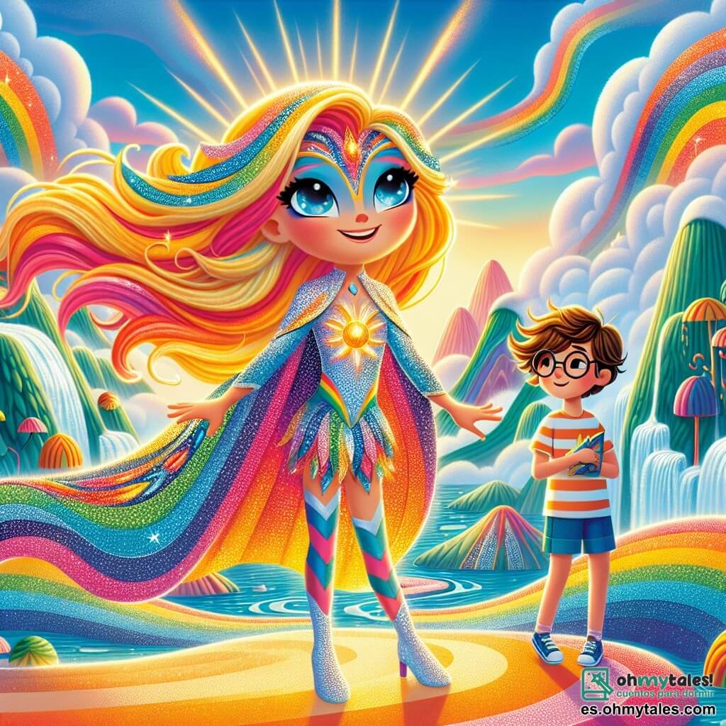 Luminara, una superheroína de cabello dorado brillante y ojos cambiantes, se encuentra al borde de un arroyo de agua arcoíris. Sonríe con asombro, sus ojos brillan de un azul alegre. Su traje resplandeciente está adornado con patrones luminosos, y su capa flota suavemente en el viento. A su lado, un niño de 8 años, vestido con una camiseta a rayas y pantalones cortos, observa con curiosidad. Tiene el cabello castaño desordenado y gafas redondas que le dan un aire travieso. Sostiene un pequeño libro de historias de superhéroes, fascinado por los relatos que descubre. En el fondo, el Refugio de los Héroes está rodeado de montañas de nubes suaves y ríos de limonada espumosa. Árboles con hojas multicolores bailan al ritmo del viento, creando una atmósfera mágica. Luminara y el niño exploran juntos este lugar encantador, descubriendo secretos ocultos mientras ríen y se divierten, listos para vivir una nueva aventura.