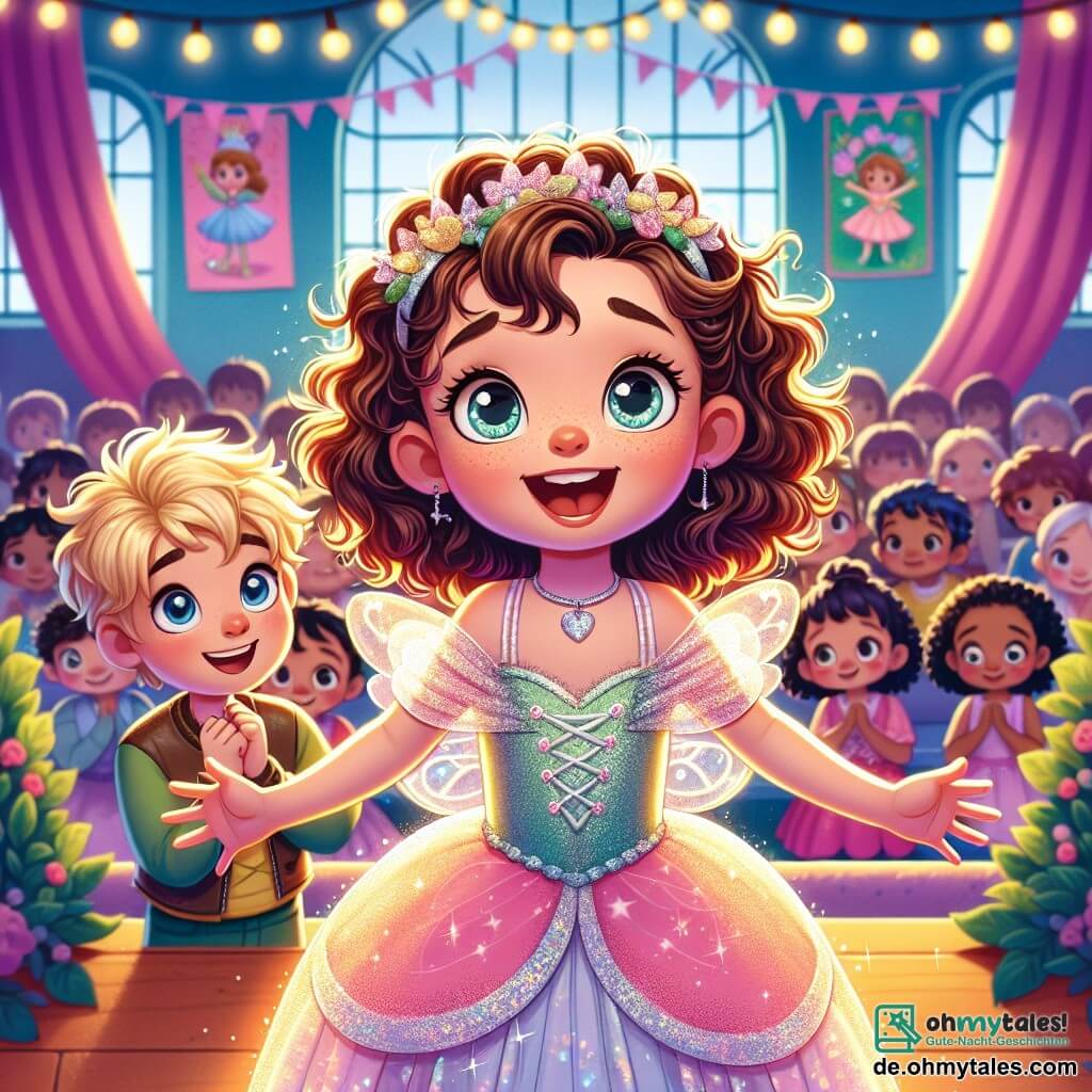 Ein 6-jähriges Mädchen, Mia, mit lockigem braunem Haar und funkelnden Augen, steht auf der Bühne, gekleidet in ein glitzerndes Feenkleid, ihr Gesicht strahlt vor Freude und leichter Nervosität. Sie lächelt mit offenen Armen, bereit, ihre Rolle zu spielen, während ein sanftes Licht ihr Gesicht beleuchtet. Neben ihr ermutigt ihr Freund Ben, ein 6-jähriger Junge mit blonden Haaren und blauen Augen, sie mit einem breiten Lächeln und geballten Fäusten. Er steht leicht im Hintergrund, bereit, ihr zu helfen, falls nötig. Die Szene findet in einem Klassenraum mit bunten Farben statt, an den Wänden hängen Märchenplakate und Kinder sitzen auf Bänken, gespannt auf die Aufführung. Bunte Papiergirlanden hängen von der Decke und schaffen eine festliche Atmosphäre. Obwohl Mia nervös ist, atmet sie tief ein, bereit, ihre Angst zu überwinden und ihr Bestes auf der Bühne zu geben, während das Publikum gespannt wartet.