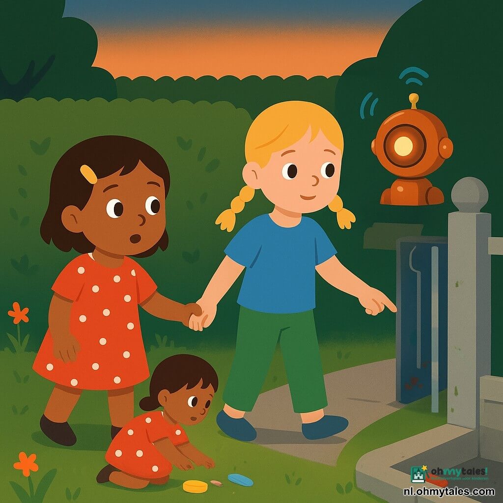 Drie personages: Mila (4) met kort bruin haar en gele speld, rood jurkje met witte stippen, kijkt verbaasd naar een kleinere versie van zichzelf links; Noor (4) met blonde dotjes, blauw T-shirt en groene broek, houdt Mila's hand en wijst naar een klein stukje rode krijt bij een goot; Tik, een niet-menselijk apparaat (tijdklok), ronde glanzende koperen kast met lichtje en gouden belletje, op een poortpaal achter de meisjes en straalt kleine blauwe lichtgolven uit. Plaats: voorstedelijke tuin bij schemering met groene graszode, wilde oranje en mauve bloemen, hoge haag en smal zilverkleurig metalen poortje met verfspatten en een stenen goot. Situatie: de twee meisjes gaan zacht door het glanzende poortje en staan samen bij de ingang van een oudere straat; links speelt een kleine Mila met een geel emmertje en gevallen krijtjes; sfeer van verwondering en nieuwsgierigheid, zachte lichtval en heldere, contrasterende kleuren.