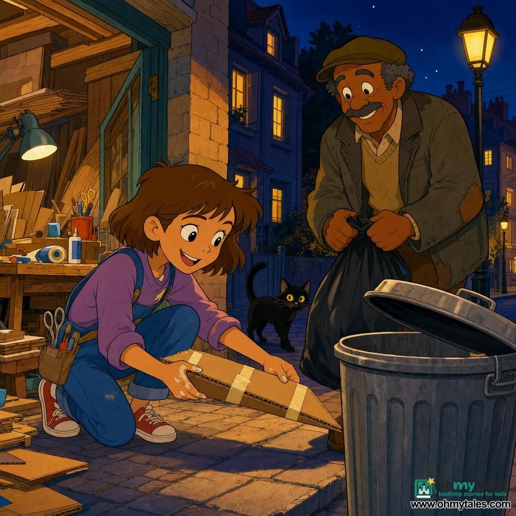 Mina, an inventive young woman with short light-brown hair, bright eyes and glue-stained fingers, crouches by a trash bin at night, smiling and focused as she slides a makeshift cardboard wedge under a stubborn lid; beside her stands Mr. Lyle, about 60, mustached in a worn wool jacket, smiling with relief and holding a trash bag, while a small black cat slips between their feet; the cobbled residential street is lit by yellow streetlights, open windows spill warm light, and Mina’s workshop—wooden table, stacked cardboard and scattered tools—is visible behind them; the warm, clear scene shows small textures like shiny tape, cardboard layers and wood grain.