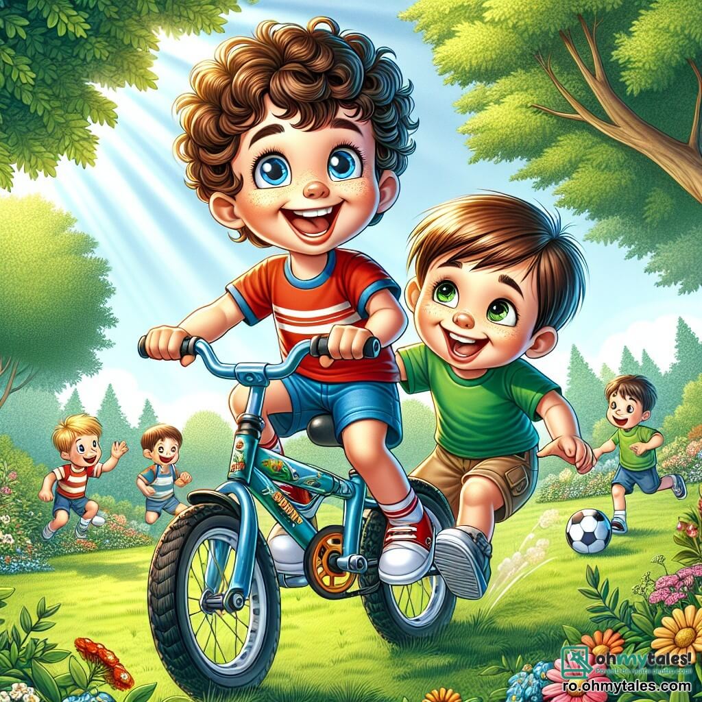Un băiat de 6 ani, Andrei, cu părul brun și creț, zâmbind strălucitor și cu ochii plini de bucurie, merge cu bicicleta într-un parc verde. Poartă un tricou roșu și o pereche de pantaloni scurți albaștri, și pare foarte fericit, râzând cu prietenii săi. Lângă el, Radu, un băiat de 6 ani cu părul castaniu și ochii triști, încearcă bicicleta lui Andrei. Poartă un tricou verde și o pereche de pantaloni bej, iar fața lui se luminează de bucurie în timp ce descoperă plăcerea de a merge cu bicicleta. Parcul este plin de copaci verzi, flori colorate și o peluză bine întreținută. În fundal, se poate vedea un grup de copii jucând fotbal, creând o atmosferă veselă și dinamică. Situația principală îl arată pe Andrei încurajându-l pe Radu să meargă cu bicicleta pentru prima dată, simbolizând prietenia și toleranța, în timp ce alți copii îi privesc cu zâmbete admirative.