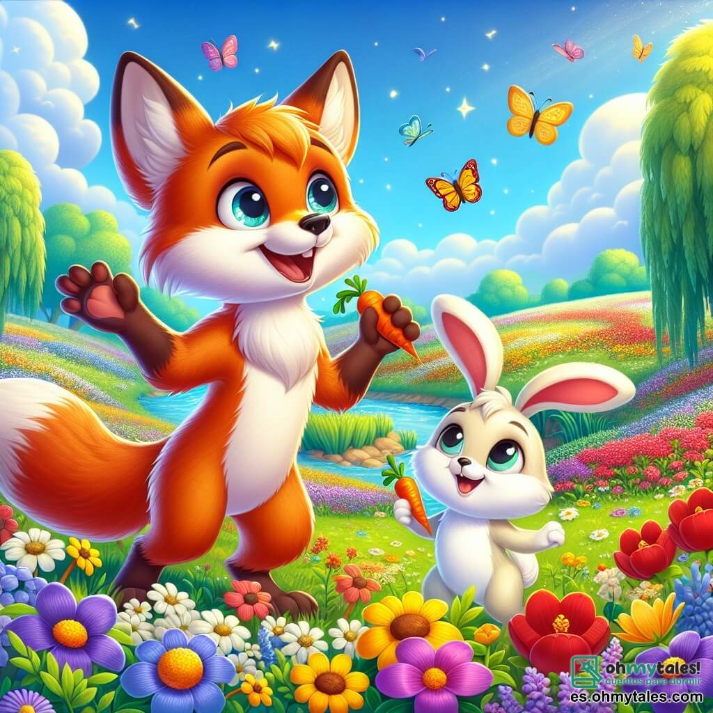 Un joven zorro llamado Rayo, con un pelaje naranja brillante y ojos llenos de curiosidad, se encuentra alegremente en medio de un campo de flores coloridas, con las patas levantadas como si estuviera a punto de saltar. Junto a él, su amigo el pequeño conejo Saltarín, con pelaje blanco y grandes orejas, sonríe sosteniendo una zanahoria en sus patas, mostrando su entusiasmo por la aventura. El paisaje es un hermoso campo primaveral, lleno de flores amarillas, moradas y rojas, bajo un cielo azul claro con nubes blancas esponjosas. A lo lejos, árboles verdes se mecen suavemente con el viento, y un arroyo brilla a la luz del sol. La escena representa a Rayo y Saltarín jugando alegremente entre las flores, con mariposas coloridas revoloteando a su alrededor, simbolizando la magia y la belleza de la primavera.