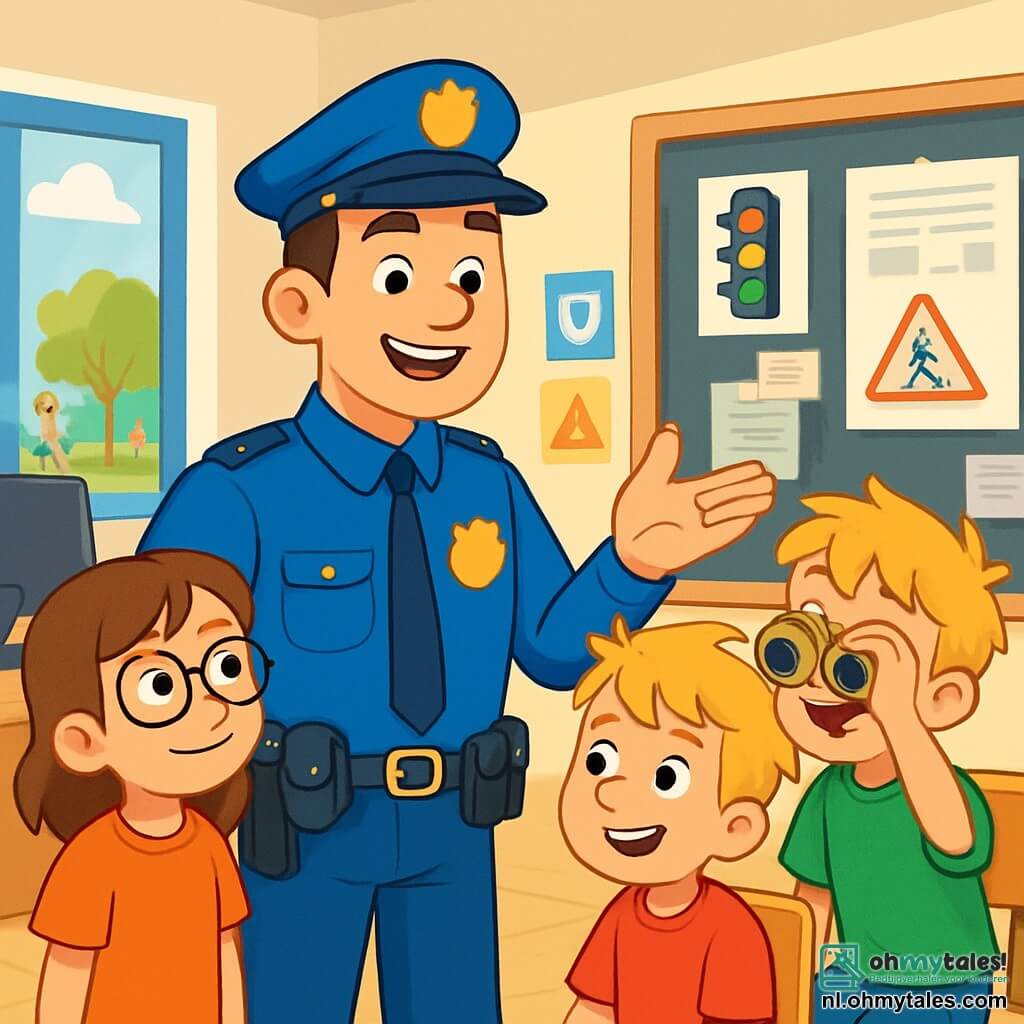 Een mannelijke politieagent, genaamd Bram, staat trots glimlachend voor zijn bureau. Hij draagt een felblauw uniform, met een glanzend insigne op zijn borst en een riem vol gereedschap. Zijn ogen stralen van vreugde en enthousiasme terwijl hij zijn beroep aan de kinderen uitlegt. Naast hem luistert Lisa, een 10-jarig meisje met bruin haar en ronde bril, aandachtig met grote ogen van nieuwsgierigheid. Tim, een 8-jarig jongen met messy blond haar, houdt een paar kartonnen verrekijkers vast en doet alsof hij de straat observeert. Sam, een andere 9-jarige jongen met sproeten en een ondeugende glimlach, zit op een stoel en kan niet wachten om vragen te stellen. De scène speelt zich af in een lichte politiepost met veiligheidsaffiches aan de muren en een groot schoolbord vol notities. Je kunt ramen zien die uitkijken op een zonnig park waar kinderen spelen. Bram legt enthousiast zijn werk als politieagent uit, terwijl de kinderen hun eigen veiligheidsteam voorstellen, vol dromen van avontuur en vriendschap.