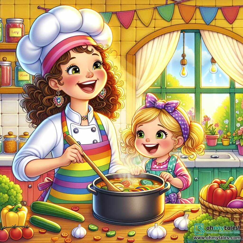 Chef Mel, a cheerful woman in her thirties with curly hair and a colorful apron, smiles while stirring a large pot of soup in her bright kitchen. Her eyes sparkle with happiness as she sings while cooking. Next to her, Lily, a six-year-old girl with blonde hair in braids, wears a small apron and a chef's hat that is too big for her. She carefully cuts vegetables with a big smile on her face, amazed by the experience of cooking with Chef Mel. The scene takes place in the "Sunny Spoon" kitchen, a warm and welcoming space with bright yellow walls, shelves filled with colorful spice jars, and open windows letting in sunlight. Colorful flowers decorate the wooden tables. The main situation shows Chef Mel and Lily preparing a rainbow soup together, with fresh vegetables overflowing from the table, while a sweet aroma fills the air, creating an atmosphere of joy and sharing.