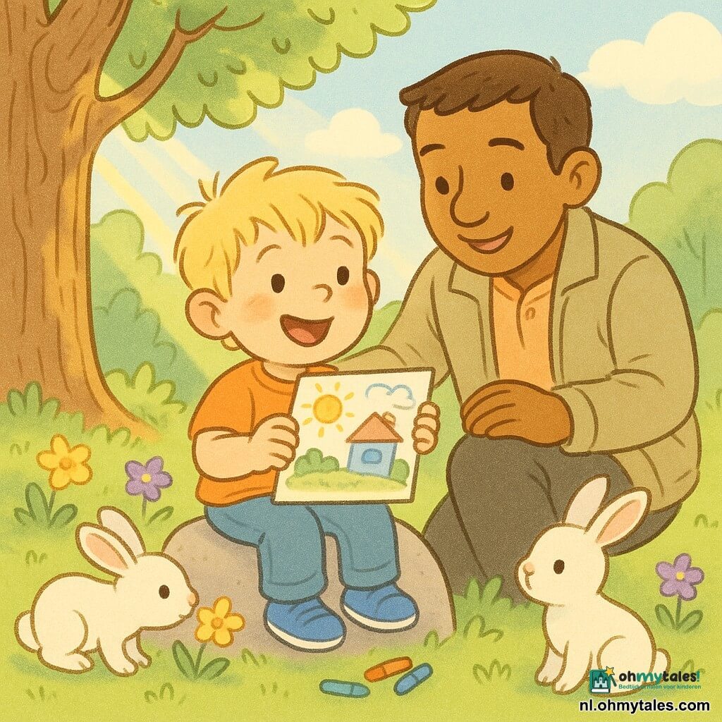 Een vierjarige jongen, blij en verwonderd, met warrig blond haar, kuiltjes en roze wangen, zit op een grote steen en houdt een kleurrijke tekening en dikke kleurpotloden vast terwijl hij glimlachend rondkijkt; een vriendelijke, rustige man van ongeveer 35 jaar hurkt achter hem met een hand op zijn schouder en kijkt trots naar de tekening; twee kleine witte konijntjes zitten dichtbij de steen, één snuffelt aan een bloem en de ander zit op zijn achterpoten en kijkt naar de jongen; de scène speelt zich af in een lenteopen plek in het bos met glanzend groen gras, kleine gele en paarse bloemen, een grote oude boom links, gouden zonnestralen en een blauwe lucht met wat zachte wolken; sfeer kalm, levendige pasteltinten, zachte ronde vormen en een warme compositie gecentreerd op de steen en de tekening.