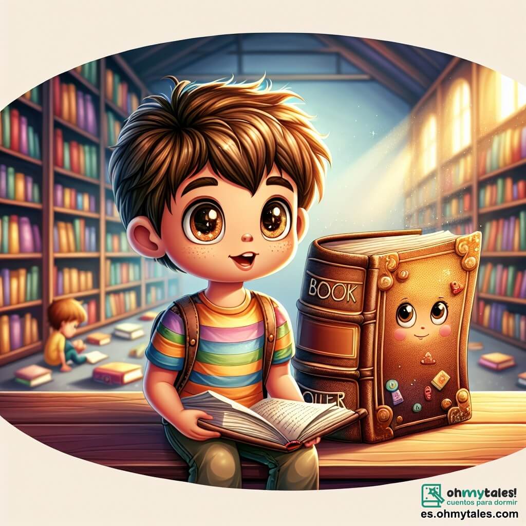 Un joven con cabello castaño y ojos brillantes, vestido con una camiseta colorida, está sentado en un banco en una biblioteca luminosa. Su rostro expresa curiosidad y entusiasmo mientras sostiene un libro abierto frente a él, inmerso en las historias que descubre. A su lado, un viejo libro con una cubierta de cuero desgastada y páginas amarillentas parece sonreír con benevolencia, representando la sabiduría. La biblioteca es un lugar cálido, lleno de estanterías de madera repletas de libros de todos los colores. La luz suave entra a través de grandes ventanas, iluminando los rincones de lectura donde otros niños hojean libros. La escena principal muestra al niño absorbido por relatos de valentía y tolerancia, descubriendo historias de personajes que luchan contra el racismo, mientras irradia una aura de inspiración y comprensión, listo para compartir sus nuevos conocimientos con sus amigos.