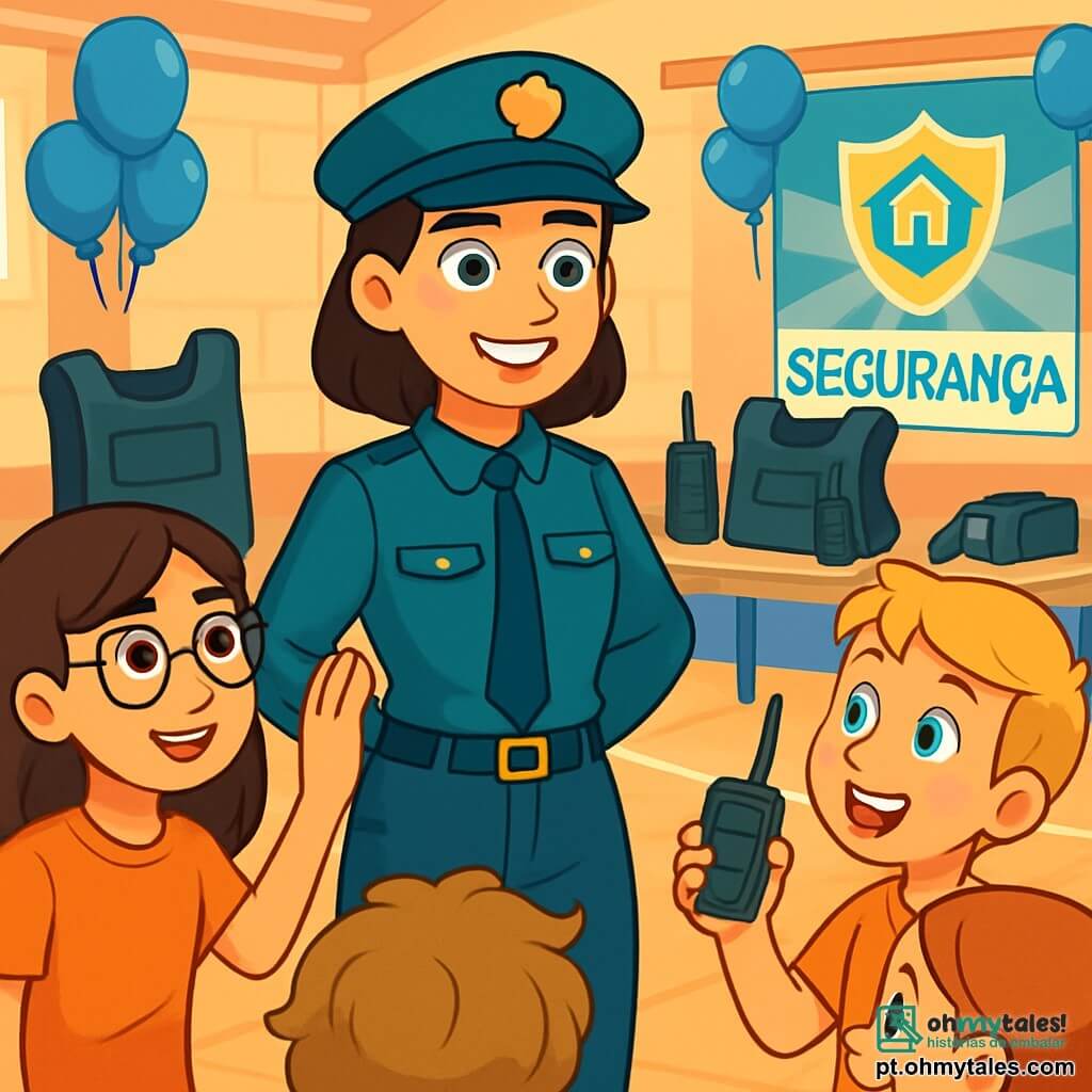 Uma policial, a inspetora Sofia, está orgulhosamente no centro da imagem, vestindo um uniforme azul-petróleo bem ajustado e um sorriso caloroso no rosto. Seus olhos brilhantes demonstram determinação e bondade. Ela está cercada por um grupo de crianças curiosas, incluindo uma menina de cabelos castanhos e óculos, com cerca de 11 anos, que levanta a mão para fazer uma pergunta. Ao lado dela, um garoto de cabelos loiros, com cerca de 10 anos, segura um pequeno rádio de brinquedo, com uma expressão de empolgação. A cena ocorre em um ginásio decorado com balões azuis, com mesas cheias de equipamentos policiais como coletes e rádios. Ao fundo, um grande cartaz colorido anuncia o evento de conscientização sobre segurança. Sofia explica às crianças a importância da polícia na comunidade, enquanto elas participam de atividades lúdicas e aprendem a trabalhar em equipe, criando uma atmosfera alegre e educativa.