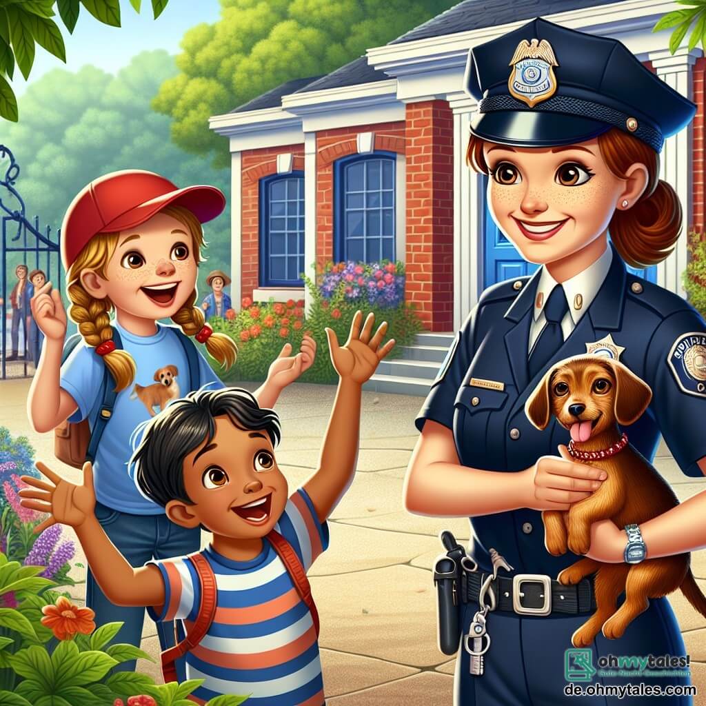 Eine lächelnde Polizistin, Anna, steht im Mittelpunkt des Bildes, gekleidet in eine marineblaue Uniform, mit einer Kappe auf dem Kopf und einem glänzenden Abzeichen auf der Brust. Sie hat braune Haare zu einem Pferdeschwanz gebunden und ihre Augen strahlen vor Freude, während sie einen kleinen braunen Hund an der Leine hält, den sie gerade gerettet hat. Neben ihr springt ein etwa 8-jähriger Junge mit einer roten Kappe und einem gestreiften T-Shirt vor Freude, seine Augen weit aufgerissen vor Aufregung. Er zeigt auf den Hund und ruft aus, während ein 7-jähriges Mädchen mit Zöpfen und einem geblümten Kleid lächelt und applaudiert, direkt hinter ihm stehend, mit erhobenen Händen als Zeichen des Sieges. Die Szene spielt sich vor einem charmanten kleinen Polizeigebäude ab, mit roten Backsteinmauern und einer großen blauen Tür, umgeben von Grün und bunten Blumen. Bäume säumen die Straße und einige neugierige Passanten beobachten die Szene mit Lächeln. Die Hauptsituation zeigt Anna, die Polizistin, die mit den Kindern feiert, nachdem sie den verlorenen Hund gefunden hat, und verdeutlicht einen Moment der Freude und Kameradschaft, in dem Hilfe und Freundschaft im Vordergrund stehen.