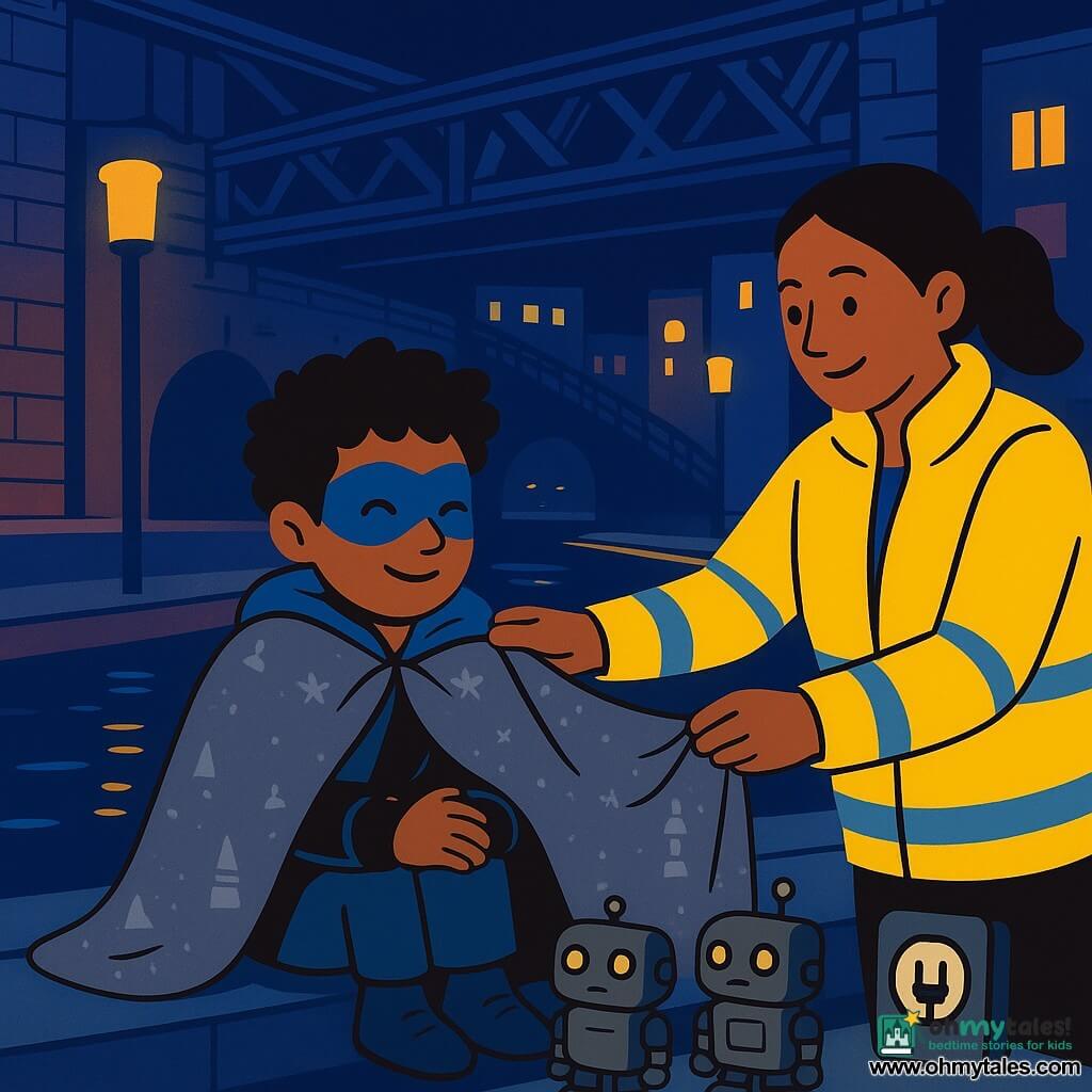 A young hero with warm brown skin, messy black curly hair and a blue lightning-shaped mask sits on the edge of a platform above a canal, wet but smiling and wrapped in a large gray blanket patterned with tiny stars and lighthouses, wearing a dark jacket embroidered with silver lines and a short bright-blue-trimmed cape, hands clutching the blanket and showing a relieved, gentle expression; a city worker woman in her 30s–40s with a yellow reflective jacket and hair pulled back stands on the walkway above, offering the blanket with a protective, warm smile; three lunchbox-sized tarnished-metal robots with glowing round eyes and tube-like snouts huddle near the hero by a small charging panel, faintly lit and reassured; a sleek white autonomous boat glides in the canal below with soft blue and gold lights reflected in the water and other boats forming light trails behind it; the scene is a nighttime canal district with dark brick walls, shiny metal rails, blue and gold reflections, tall cylindrical beacon lampposts and a large metal skybridge in the background, conveying a peaceful, after-adventure atmosphere where the city is safe, the hero rests, and the robots recharge.