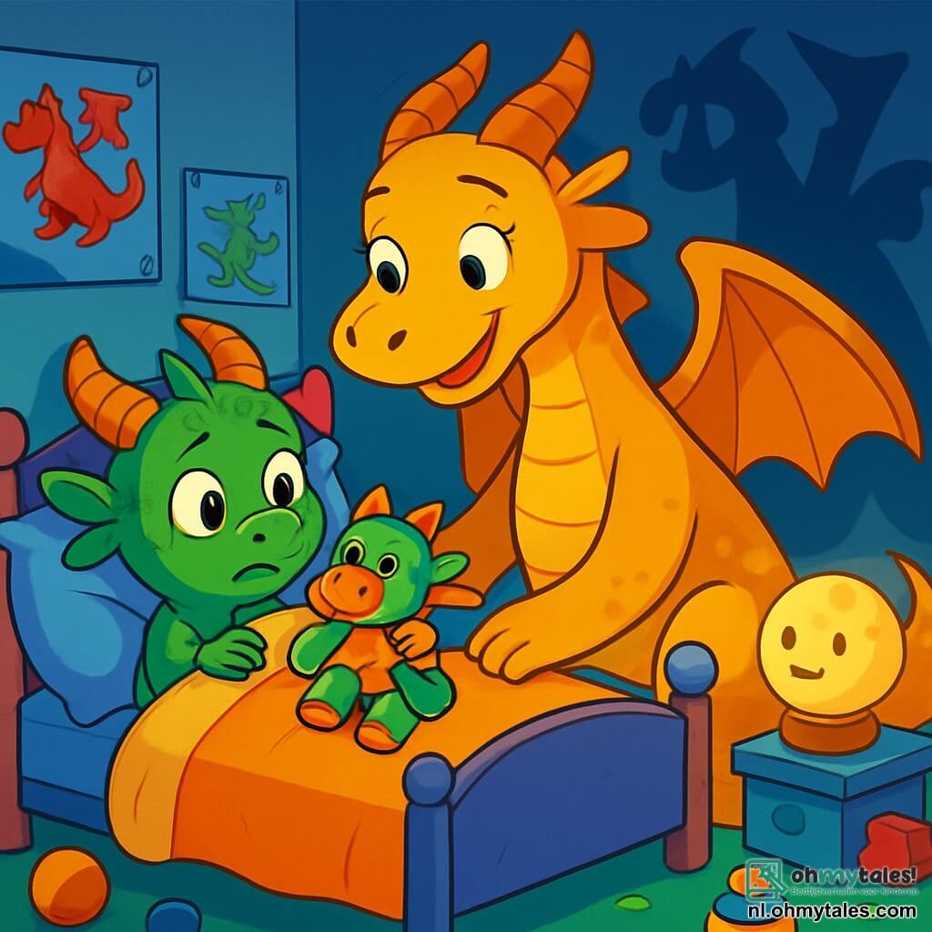 Bobbie, een kleine groene draak met glanzende schubben en gebogen hoorns, ligt in zijn bed met grote open ogen en een bezorgde uitdrukking op zijn gezicht. Hij houdt zijn trouwe vriend Flap, een knuffeldraak met geborduurde ogen en een geruststellende glimlach, tegen zich aan. Zijn mama, een grote draak met gouden schubben en majestueuze vleugels, staat naast hem met een zachte en kalmerende glimlach, klaar om hem te troosten. Ze leunt naar hem toe, haar grote vleugels iets om haar lichaam gevouwen, wat een warme sfeer creëert. De scène speelt zich af in Bobbie's kamer, versierd met posters van draken en kleurrijke speelgoedjes verspreid over de vloer. Het zachte licht van een maanvormige lamp verlicht de kamer en creëert dansende schaduwen op de muren. Bobbie, een beetje nerveus, kijkt naar de schaduwen op de muur en stelt zich monsters voor. Zijn mama praat zachtjes met hem en laat hem zien dat er niets te vrezen is, terwijl Flap, zijn knuffelvriend, klaar lijkt om hem te helpen zijn angst te overwinnen.