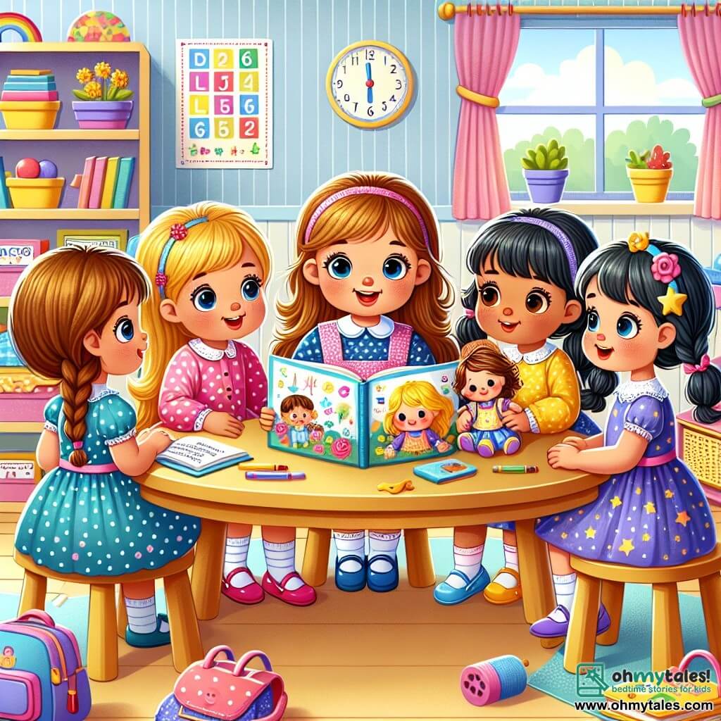 In a colorful classroom, four little girls are gathered around a large wooden table. **Lily** (girl, 6 years old) has long brown hair and wears a pink dress with white polka dots. She is joyfully smiling while holding an illustrated book. **Emma** (girl, 6 years old) has braided blonde hair and wears a blue dress with flowers. She is attentively looking at Lily, her eyes sparkling with excitement. **Mia** (girl, 6 years old) has black hair and wears a yellow dress with stars. She is leaning forward, eager to listen to the story. **Sophie** (girl, 6 years old) has brown hair and wears a purple dress. She is sitting next to Mia, holding a doll in her arms, ready to play after the story. The classroom is filled with bright colors: light blue walls, posters of letters and numbers, and shelves overflowing with books and toys. A large window lets in sunlight, illuminating the girls' faces. The main scene shows the four friends gathered for a reading session, surrounded by books and toys, sharing smiles and enthusiasm as they discover a new magical story together.