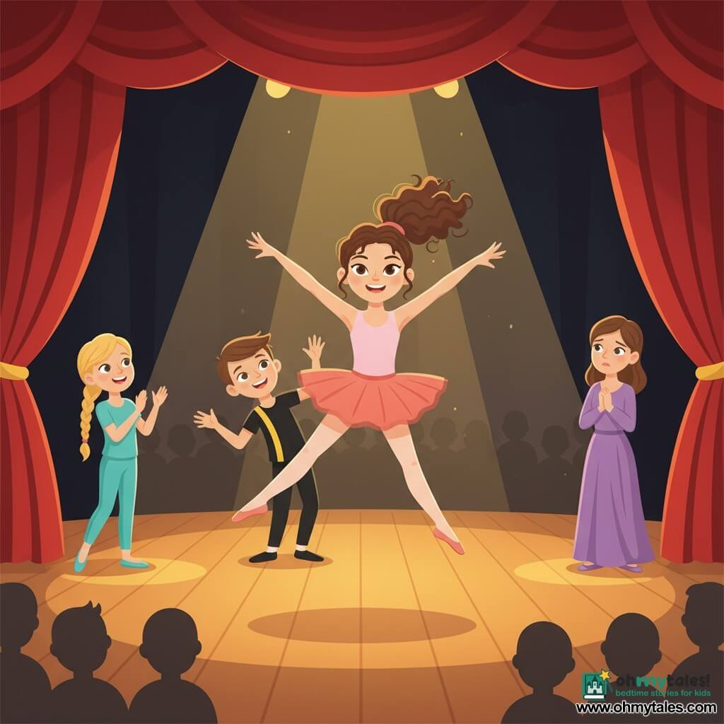 A 12-year-old girl with a radiant smile and determined gaze, curly brown hair in a high ponytail, wearing a pale pink leotard and coral tutu, caught mid-elegant jump center stage with arms open and legs extended, confident and luminous; to the left, about 12-year-old Mia, straight blond hair in a braid, in turquoise, enthusiastically applauding with an encouraging expression and a small raised hand; behind the main girl, about 12-year-old Jake, short chestnut hair, in black with a yellow stripe, making a comic supportive gesture, smiling widely and leaning slightly; the teacher, a ~35-year-old woman in a flowing purple dress, stands backstage right with hands clasped, proud and emotional; the scene is a large bright theater with a polished wood floor, red velvet curtains, warm spotlights creating golden halos and blurred audience silhouettes, capturing the climax of the performance—joyful, triumphant, vivid colors, strong contrasts, simple expressive vector style.