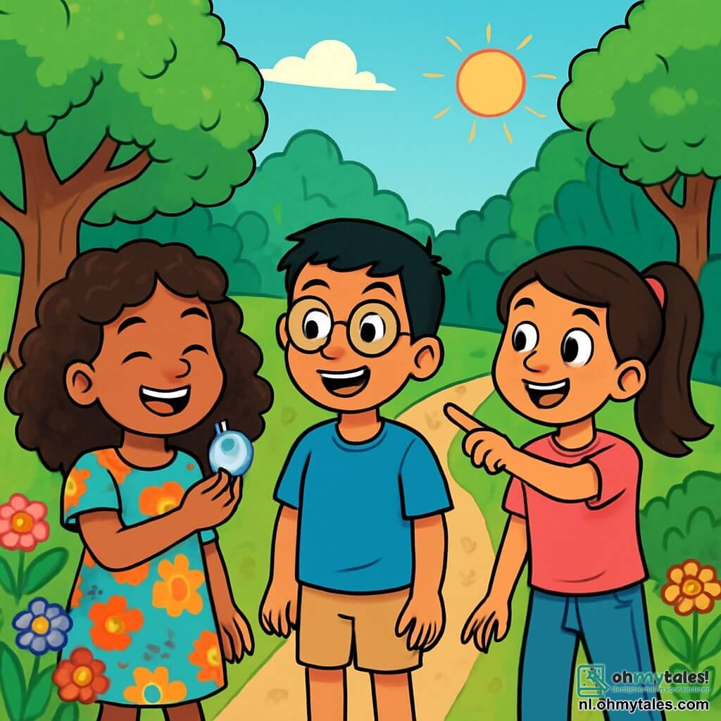 Er zijn 3 personages: - Yara: een 10-jarig meisje met prachtige krullende haren en een grote glimlach. Ze draagt een kleurrijke jurk met bloemenpatronen en houdt een kleine glinsterende steen in haar hand. - Amir: een 10-jarige jongen met kort haar en een bril. Hij draagt een blauwe t-shirt en een beige short, en hij glimlacht terwijl hij naar Yara kijkt. - Laila: een 10-jarig meisje met lang, steil haar dat in een paardenstaart is gebonden. Ze draagt een roze t-shirt en een spijkerbroek, en ze wijst naar een pad dat naar een bos leidt. De situatie speelt zich af in een groen park, vol majestueuze bomen met stralend groene bladeren. Kleurrijke bloemen omringen het pad, en een zachte zon schijnt in een heldere blauwe lucht, wat een vrolijke en gastvrije sfeer creëert. De hoofdsetting toont de drie vrienden, Yara, Amir en Laila, samen staand, opgewonden en glimlachend, terwijl ze hun avontuurlijke dag plannen om anderen te helpen tijdens de Ramadan. Ze kijken naar het pad dat naar het bos leidt, benieuwd naar de magie die hen te wachten staat.