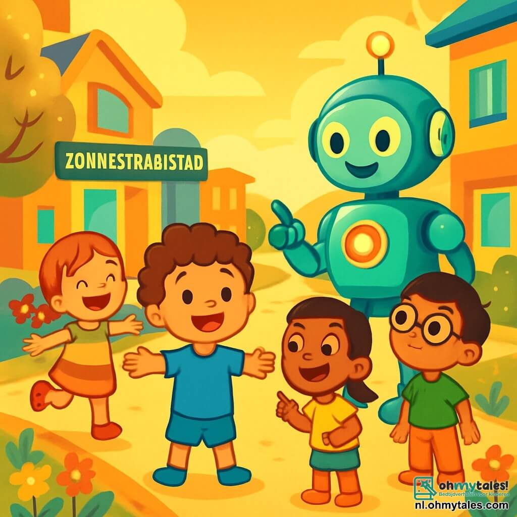 Er zijn 4 kinderen: Finn, een 4-jarig jongetje met krullend haar en een blauwe outfit, staat in het midden met een glimlach en open armen; Mila, een 4-jarig meisje met mooie rode vlechten in een kleurrijke jurk, springt van blijdschap links van Finn; Amir, een 4-jarige jongen met ronde bril en een groen t-shirt, kijkt nieuwsgierig naar de grote robot rechts van Finn; Noor, een 4-jarig meisje met een grote glimlach in een geel t-shirt en korte broek, staat achter Finn en wijst verwonderd naar de robot. De locatie is een futuristische straat in Zonnestraalstad, verlicht door gouden zonlicht, met moderne huizen en kleurrijke bloemen. Op de achtergrond staat een grote, glanzende robot genaamd Robo, klaar om met de kinderen te interageren. De kinderen zijn enthousiast en nieuwsgierig terwijl ze zich voorbereiden om samen op de magische knop van de robot te drukken, wat een explosie van kleuren en vreugde in hun stad zal veroorzaken.