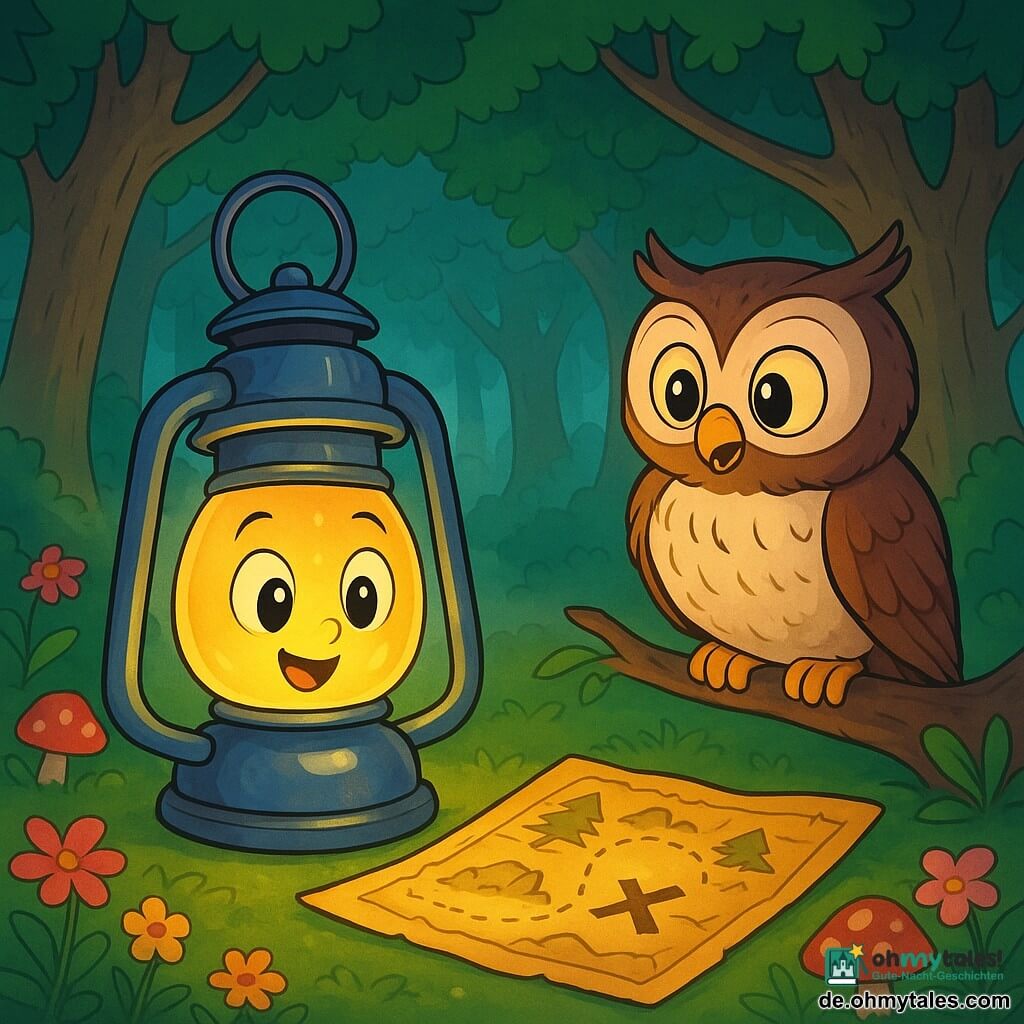 Lumi, eine kleine glänzende Metalllaterne mit einer strahlend gelben Flamme, steht im Mittelpunkt des Bildes, ihre runden, neugierigen Augen funkeln vor Aufregung, als sie eine goldene Schatzkarte auf dem Boden entdeckt. Neben ihr sitzt Echo, eine weise Eule mit braun-weißen Federn, die auf einem Ast thront, ihre großen runden Augen zeigen Überraschung und Staunen, während sie Lumi aufmerksam beobachtet. Die Szenerie ist ein verwunschenen Wald mit majestätischen Bäumen, dicken Stämmen und lebhaften grünen Blättern, während ein sanfter Nebel in Bodennähe schwebt und ein Hauch von Geheimnis hinzufügt. Bunte Blumen und seltsame Pilze bedecken den Boden, beleuchtet vom warmen Licht von Lumi. Die Hauptsituation zeigt Lumi und Echo, fasziniert von der Schatzkarte, umgeben von einer Atmosphäre von Abenteuer und Magie, bereit, die Geheimnisse des Weges zu erkunden, der sich vor ihnen erstreckt.
