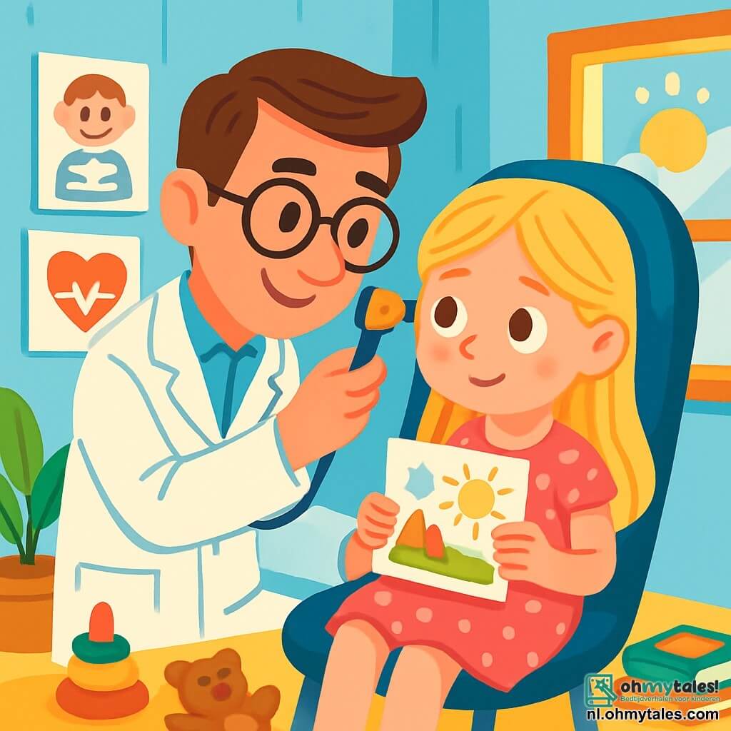 Een man, dokter Bas, glimlachend en vriendelijk, draagt een onberispelijke witte jas en een stethoscoop om zijn nek. Hij heeft bruin haar en ronde brillen, en kijkt aandachtig naar een klein meisje, Lotte, dat op een grote consultatiestoel zit. Lotte, een zevenjarig meisje, heeft lang blond haar en draagt een roze jurk met stippen. Ze lijkt een beetje nerveus maar nieuwsgierig, met een kleurrijke tekening in haar handen. Ze zit in de spreekkamer, omringd door speelgoed en kinderboeken, met een groot raam dat zonlicht binnenlaat. De spreekkamer is warm en uitnodigend, met lichtblauwe muren, leuke gezondheidsaffiches en speelgoed verspreid over de vloer. Een grote groene plant staat in een hoek, wat een vleugje natuur aan de ruimte toevoegt. In deze scène onderzoekt dokter Bas Lottes oor met een leuk lampvormig hulpmiddel, terwijl hij zachtjes met haar praat om haar gerust te stellen. De sfeer is vol warmte en medeleven, wat de speciale band tussen de arts en zijn jonge patiënt illustreert.