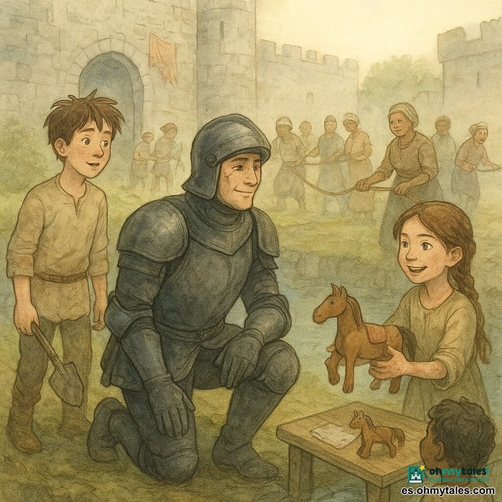 Caballero adulto de armadura oscura y mate, visera parcialmente alzada que deja ver una cicatriz y una sonrisa serena; arrodillado junto al borde del foso, con una mano enguantada clavada en la tierra húmeda como promesa. Tomás, chico de unos 14 años, pelo castaño revuelto, expresión de orgullo y sorpresa, botas embarradas, a la izquierda del caballero sosteniendo una pequeña pala. Inés, niña de unos 9 años con largas trenzas y vestido sencillo, manos sucias pero seguras, mirada decidida y alegre; junto a una mesa baja muestra a un niño más pequeño un caballito de madera reparado y un pañuelo bordado. Doña Aldara, mujer de unos 45 años, postura erguida con mangas remangadas, semblante severo suavizado, sujeta una cuerda y dirige a los aldeanos. Varios aldeanos de distintas edades, sonriendo y con barro en la ropa, forman una cadena al fondo pasando cubos de agua y ramas. Lugar: foso del castillo con piedras húmedas y musgosas, agua que se aclara en zonas, montones de ramas y objetos recuperados en la orilla, muros de piedra gris y banderolas desteñidas al viento. Situación principal: tras una gran limpieza del foso, el caballero hace una promesa solemne en público mientras levanta un poco la visera; los niños y vecinos celebran la reparación y la devolución de los objetos, con luz tenue de atardecer y una atmósfera de esperanza serena.