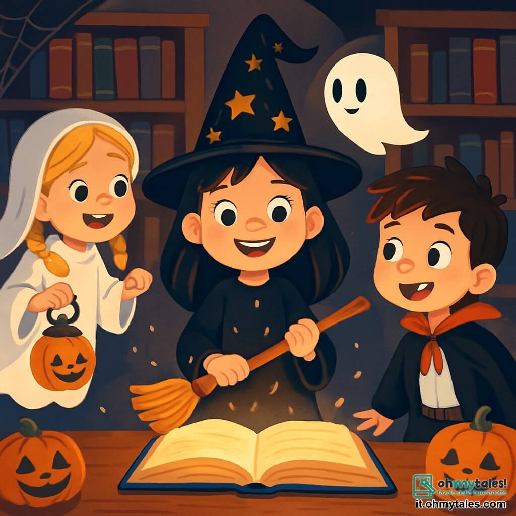 Una bambina di 8 anni, Sofia, si trova al centro della scena, con un grande sorriso gioioso sul volto. Indossa un costume da strega nero scintillante, un cappello a punta decorato con stelle dorate e tiene in mano una piccola scopa di legno. I suoi occhi brillano di eccitazione e avventura. Alla sua destra, Marco, un ragazzo di 8 anni con i capelli castani scompigliati, guarda con curiosità. Indossa un costume da vampiro con un mantello rosso e un falso sorriso spaventoso, ma i suoi occhi brillano di malizia. A sinistra, Giulia, un'altra bambina di 8 anni con capelli biondi intrecciati, è vestita con un abito da fantasma bianco e fluttua leggermente, come se fosse pronta a volare. Sorride con entusiasmo, tenendo una piccola lanterna a forma di zucca. La scena si svolge in una biblioteca oscura e misteriosa, piena di libri antichi con copertine polverose. Ragnatele decorano gli angoli e zucche sorridenti sono posizionate sui tavoli. Una luce soffusa emana da un grande libro aperto al centro, proiettando ombre danzanti sulle pareti. Sofia e i suoi amici stanno scoprendo un libro magico che ha fatto apparire un piccolo fantasma. Sono tutti stupiti e un po' spaventati, ma la loro curiosità li spinge a esplorare questo mondo incantato.
