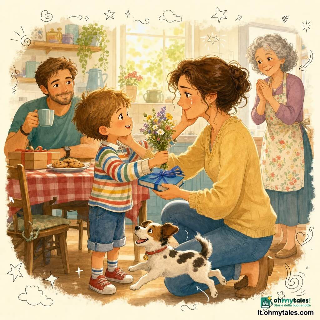 Bambino di 6 anni, viso rotondo, capelli castano chiaro spettinati, sguardo gioioso e fiero, offre un piccolo libro blu con nastro e un mazzetto di fiori di campo; indossa una camicia colorata a righe e pantaloni corti, è in piedi accanto a un tavolo di legno e sorride ampliamente. La madre, circa 33 anni, capelli castani ondulati raccolti in uno chignon morbido, occhi dolci e una lacrima di gioia, si inginocchia per ricevere il libro accarezzando la guancia del bambino. Il padre, circa 35 anni, barba leggera e maglietta informale, è seduto sullo sfondo al tavolo con una tazza di caffè e sorride teneramente; una nonna con capelli grigi ricci e grembiule a fiori applaude vicino alla porta della cucina. Un cagnolino maculato salta intorno ai piedi del bambino con coda in movimento. Cucina luminosa, luce dorata del mattino da una finestra a piccoli riquadri, tavolo di legno con un piattino di biscotti, una scatola regalo e una tovaglia a quadretti rossi. Scena centrata sul gesto intimo delle mani che si incontrano, espressioni calde e gesti teneri. Stile grafico: colori morbidi e saturati, tratti arrotondati, texture acquerello su carta e piccoli doodle sovrapposti (cuori, note musicali, stelle).