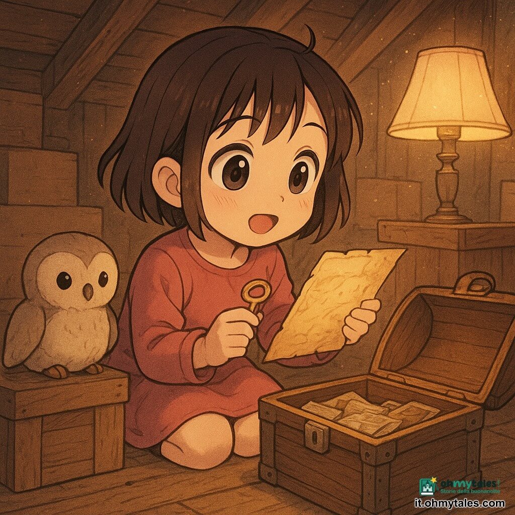 Bambina di 6 anni emozionata e curiosa, viso rotondo, occhi grandi e brillanti, capelli castani a caschetto con una ciocca ribelle; accovacciata davanti a uno scrigno di legno mezzo aperto tiene una mappa ingiallita e una piccola chiave d’oro; un gufo di peluche beige con occhi cuciti neri su una cassa vicino a lei la guarda come compagno. La soffitta è calda con travi scure, polvere visibile, scatole di cartone, una vecchia lampada con paralume crema diffonde luce dorata e un sacchetto di lavanda viola sporge da un cassetto. Momento della scoperta: espressione meravigliata, luce calda sul volto, carte antiche e foto nello scrigno, atmosfera intima e misteriosa, palette calda (ocra, marrone, lavanda, tocchi dorati). Stile manga infantile, tratti morbidi, contorni netti, texture di legno e tessuto, composizione centrata e punto di vista leggermente dall'alto.