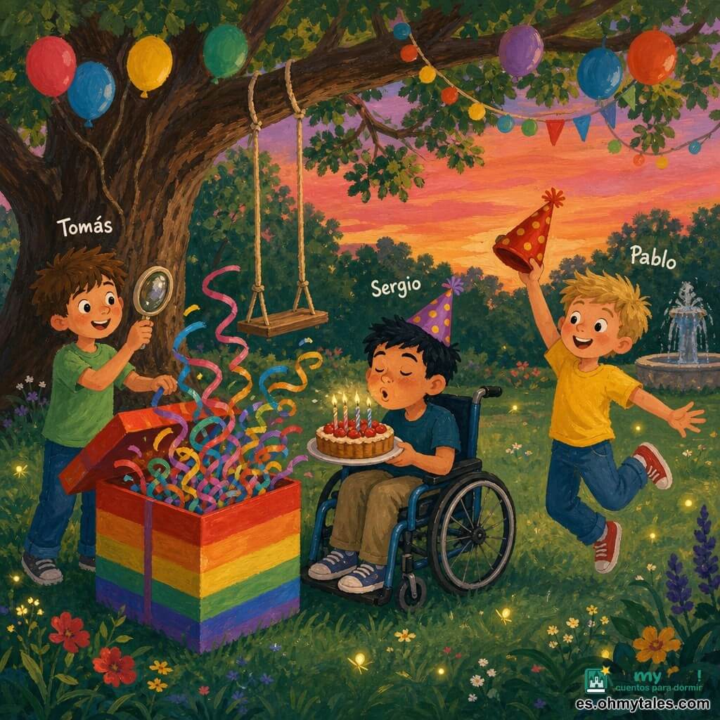 Tres niños de unos 11 años: Tomás (pelo castaño despeinado, camiseta verde) a la izquierda con una rama como lupa, Pablo (pelo rubio corto, camiseta amarilla) a la derecha agitando un sombrero de fiesta rojo, y Sergio (pelo negro, en silla de ruedas azul) en el centro con un sombrero violeta soplando velas; en un parque al crepúsculo con un gran roble decorado con globos y guirnaldas, césped verde, columpio y fuente de fondo, luciérnagas alrededor; los tres abren una gran caja arcoíris que suelta serpentinas y una pequeña tarta con velas encendidas, sus rostros muestran asombro y alegría, estilo gouache con colores vivos y pinceladas visibles.