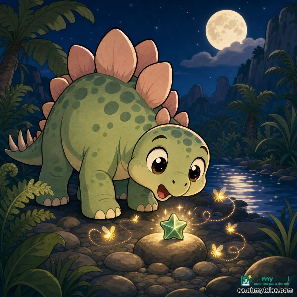 Un joven stegosaurio llamado Brillo de Placas, con expresión maravillada, ojos grandes y brillantes, piel verde pálido moteada y placas rosadas en la espalda, se inclina hacia una pequeña piedra estelar verde sobre rocas que emite un suave brillo y chispas; luciérnagas amarillo-anaranjadas revolotean con estelas luminosas; valle nocturno de helechos gigantes, luna pálida y un río que refleja la luz; ambiente tranquilo y misterioso en tonos verdes, rosa pálido, amarillo cálido y azul noche; composición centrada, estilo cartoon simple con contornos gruesos, formas redondeadas y sombras suaves.