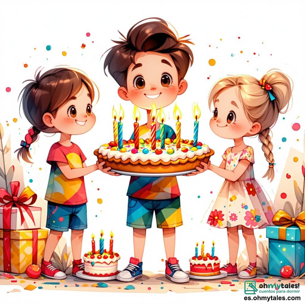 Un niño de 10 años, Miguel, con cabello castaño desordenado y una gran sonrisa, se encuentra en el centro de la imagen, sosteniendo una enorme tarta decorada con velas brillantes. Lleva una camiseta colorida y un short, y sus ojos brillan de emoción mientras mira a sus amigos. A su derecha, Clara, una niña de 9 años con trenzas rubias y un vestido de flores, aplaude con entusiasmo, sus ojos destilan alegría. A la izquierda, Pedro, un niño de 10 años con gafas y un suéter a rayas, sostiene un globo en forma de estrella y sonríe ampliamente, listo para celebrar. El escenario se desarrolla en un parque animado, iluminado por guirnaldas de luces de colores colgadas de los árboles, con mesas decoradas con manjares festivos y niños jugando alrededor. En el fondo, el cielo está despejado, salpicado de estrellas brillantes, y un gran reloj indica que la noche de Año Nuevo ha llegado. La escena captura el momento alegre en que Miguel presenta su enorme tarta a sus amigos, todos listos para celebrar juntos la llegada del nuevo año.