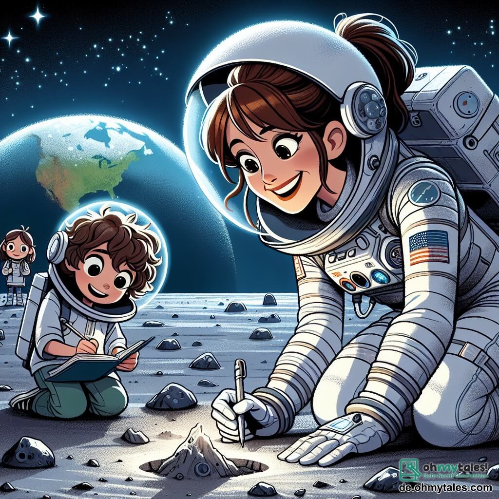 Eine Astronautin, Lena, steht im Mittelpunkt des Bildes. Sie ist eine Frau in ihren Dreißigern mit braunen, zu einem Pferdeschwanz gebundenen Haaren und trägt einen weißen und silbernen Raumanzug, der im Licht der Sterne glänzt. Ihr Gesicht drückt große Freude und Staunen aus, während sie die Mondlandschaft bewundert. Sie hockt und untersucht einen kleinen Krater mit einem begeisterten Lächeln. Neben ihr steht Tom, ein 10-jähriger Junge mit zerzausten blonden Haaren, der einen zu großen Astronautenhelm trägt. Er schaut Lena bewundernd an und hält eine kleine Erdflagge in der Hand. Etwas weiter weg nimmt Mia, ein 9-jähriges Mädchen mit lockigen, braunen Haaren, Notizen in einem Heft, ihre Augen leuchten vor Aufregung. Der Hintergrund zeigt eine graue, staubige Mondoberfläche, übersät mit Kratern und funkelnden Steinen unter einem tiefblauen Sternenhimmel, mit der Erde im Hintergrund, einem wunderschönen blauen und grünen Globus. Die Hauptsituation zeigt Lena und die Kinder bei der Erkundung der Wunder der Mondlandschaft, während Lena auf einen Krater zeigt und Tom und Mia aufmerksam zuhören, gefesselt von ihrem Enthusiasmus.