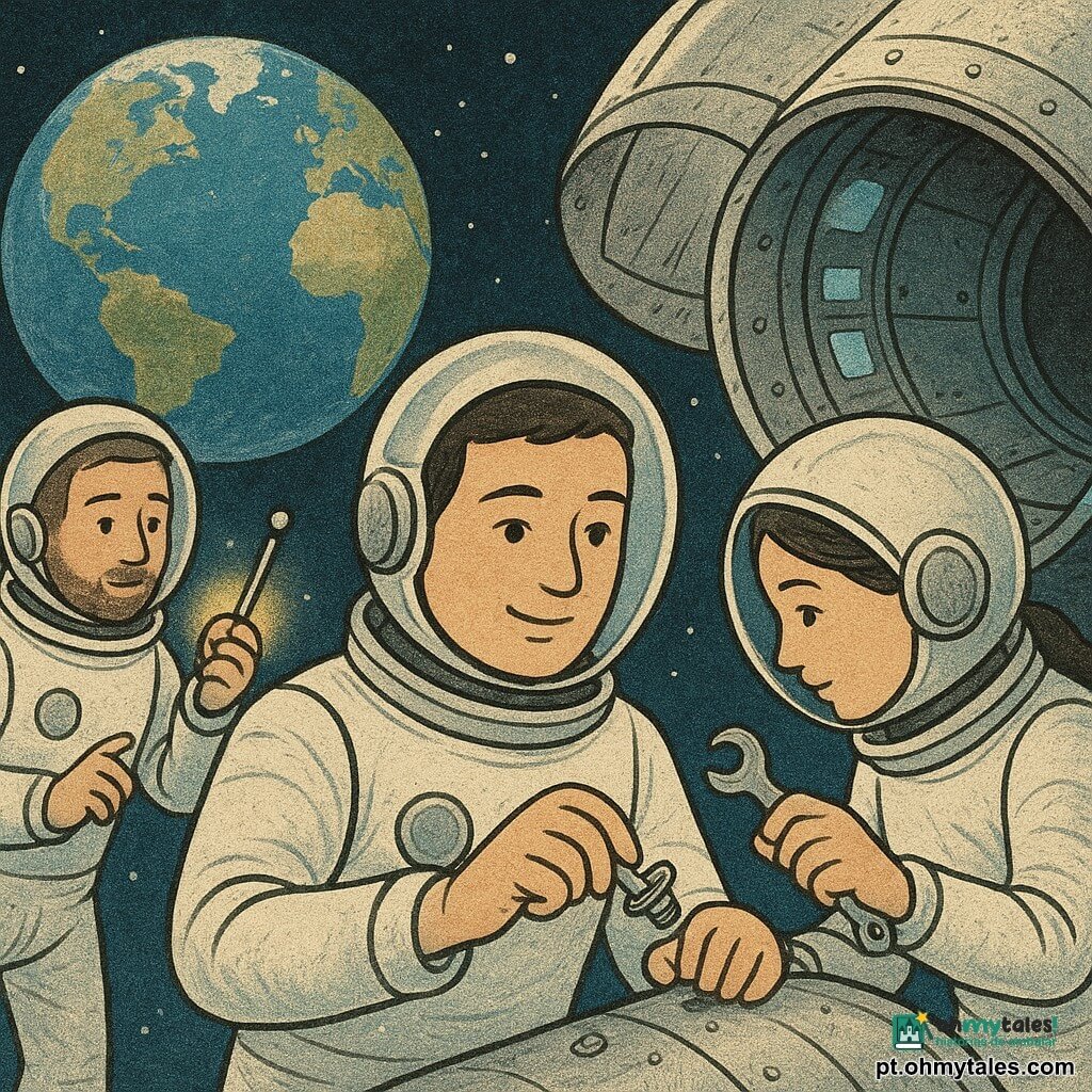 Miguel (35) de rosto doce e sorriso calmo flutua em traje espacial branco segurando uma antena com expressão serena; Maria (33), cabelo preso sob o capacete, segura uma chave inglesa junto a um parafuso solto à direita de Miguel; João (30), com barba rala, segura uma pequena lanterna espacial iluminando a cena à esquerda, flutuando um pouco atrás; ao fundo a Terra grande e azul com continentes, nuvens e faixas de luzes urbanas; cápsula aberta como concha metálica brilhante com parafusos polidos e painéis azuis; cena principal de reparo suave em apesanteur — mãos trocando ferramentas, pequeno parafuso visível, gestos lentos e coordenados, atmosfera colaborativa e reconfortante; cores limpas e contrastadas — branco dos trajes, azul profundo da Terra, reflexos prateados no metal e toques quentes das lâmpadas; composição clara com planos próximos em rostos e mãos, traços suaves e formas arredondadas adequadas a crianças pequenas.