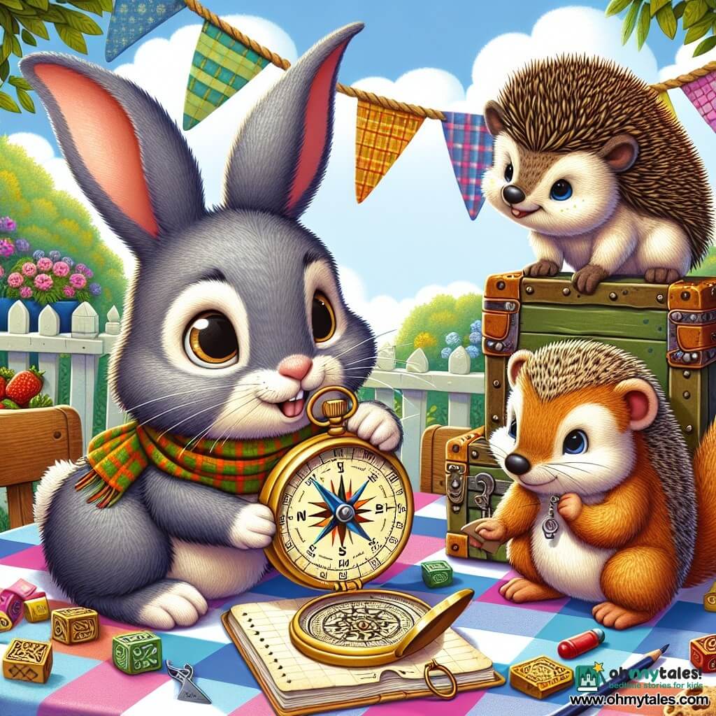 Pipkin, a small rabbit with big ears and soft gray velvet-like fur, looks on with bright, curious eyes, holding a brass compass in his paws. He stands on a wooden stage surrounded by colorful flowers and fresh vegetables, wearing a determined and cheerful expression. Next to him, Zadie, a mischievous squirrel with a bushy tail and sparkling eyes, climbs on a shelf, looking worried and eager to help. Hank, a hedgehog with well-groomed spikes and a focused gaze, stands near Pipkin, holding a notebook and pencil, ready to take notes. The scene is set in a vibrant community garden filled with tables covered in checkered tablecloths, colorful flower pots, and fluttering banners, under a blue sky dotted with fluffy white clouds. The main situation shows Pipkin and his friends solving the mystery of the missing recipe box, with clues scattered around them as they exchange ideas and carefully observe their surroundings, ready to decipher the hints that will lead them to the solution.