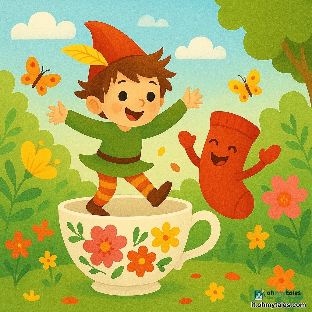 Un piccolo folletto di nome Pippo, con capelli arruffati e occhi scintillanti di malizia, danza felicemente su una grande tazza di porcellana decorata con fiori colorati. Indossa un cappello a punta ornato da una piuma brillante e sorride con entusiasmo. Accanto a lui, un calzino rosso, con un volto sorridente e braccia di stoffa, fa delle piroette, ridendo di gioia. Si trova proprio accanto a Pippo, pronto a accompagnarlo nella danza. Il contesto è un giardino incantato, pieno di fiori vivaci, farfalle svolazzanti e una luce soffusa che filtra tra le foglie degli alberi. Nuvole soffici fluttuano nel cielo azzurro. La scena principale mostra Pippo e il calzino che danzano insieme, circondati da risate e magia, mentre una leggera brezza fa volare i petali dei fiori intorno a loro, creando un'atmosfera gioiosa e giocosa.