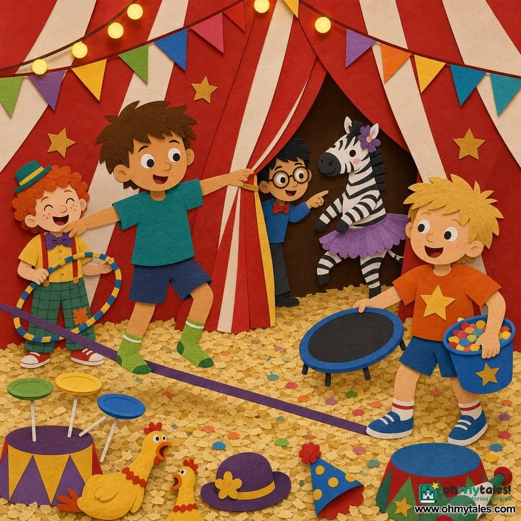 Four boys in a red-and-white striped circus tent with pale wood-chip floor and warm spotlights: Max, about 9, short brown hair and visible green socks, pretending to walk an imaginary tightrope at the front left with arms outstretched; Jamie, about 8, curly red hair and a small hat, laughing and holding a hula hoop just behind Max; Leo, about 10, black combed hair and round glasses, peeking from behind a striped curtain and pointing at a zebra in a tutu at center-rear; Ben, about 9, messy blond hair, holding a mini-trampoline and a bucket of confetti at the front right about to jump. It's the pre-show scene: the boys wait their turn behind the curtain, Ben is about to launch a confetti burst, and the joyful, bustling tent is scattered with circus props like spinning plates, rubber chickens, and clown noses.