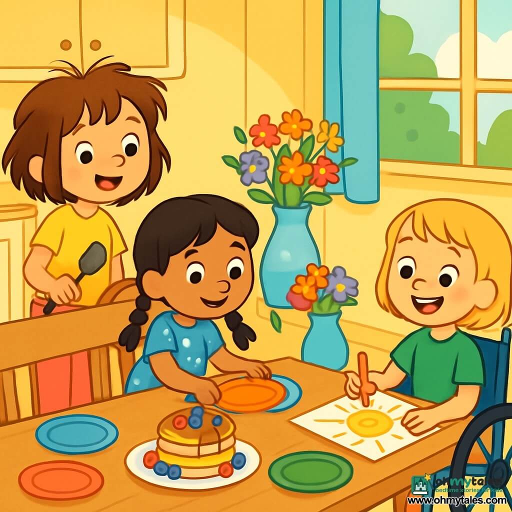 There are three characters: Mia, a 6-year-old girl with messy brown hair, wearing a yellow t-shirt and pink pants, standing by the table with a smile while holding a spatula; Noor, a 6-year-old girl with braided black hair, dressed in a blue dress with white polka dots, sitting on a chair and setting the table with colorful plates; and Olive, a 6-year-old girl with short blonde hair, sitting in a wheelchair and wearing a green t-shirt, drawing a big sun on a card with colored pencils, smiling widely. The setting is a bright and welcoming kitchen with pastel yellow walls. The table is adorned with small colorful plastic plates and stacked pancakes topped with maple syrup and fresh berries. A large vase with colorful flowers is at the center of the table, and a window lets in sunlight, brightening the room. The main situation shows the three girls preparing a surprise breakfast for their dad, laughing and having fun, creating a joyful and warm atmosphere filled with camaraderie and love.