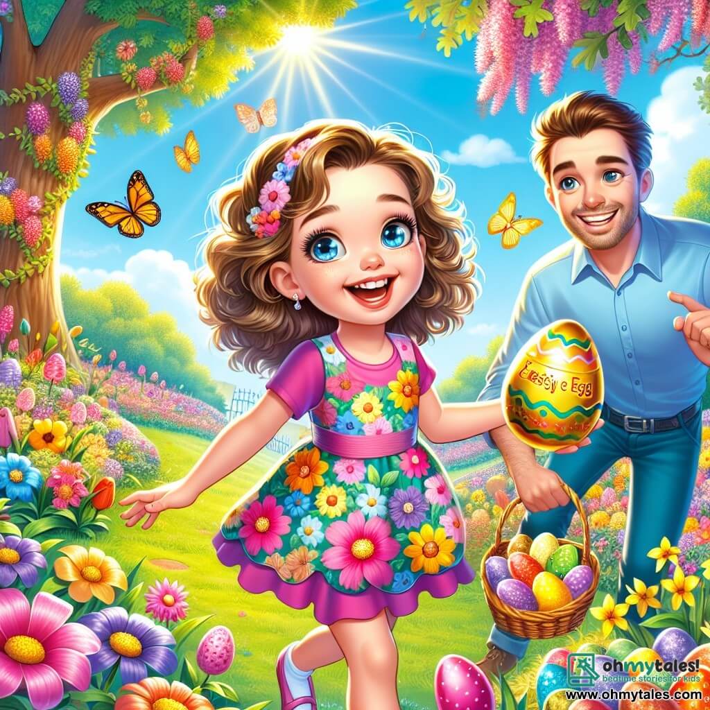 An 8-year-old girl named Lily, with sparkling blue eyes and curly brown hair, is joyfully jumping in a colorful garden, holding a wicker basket filled with Easter eggs. She wears a vibrant floral dress and has a big smile on her face, showing her excitement for the egg hunt. Next to her, her father, a man in his thirties with brown hair and a light beard, smiles while pointing at a large oak tree where a golden egg is hanging. Her mother, a woman with chestnut hair and gentle eyes, is reading a message found on an egg, looking amazed. The setting is a lush garden filled with multicolored flowers like pink tulips, yellow daffodils, and purple pansies, under a bright blue sky. The sun shines, creating a joyful and magical atmosphere. The main scene shows Lily and her parents discovering a golden egg hanging from the tree, while colorful butterflies flutter around them, adding to the magic of this Easter egg hunt.