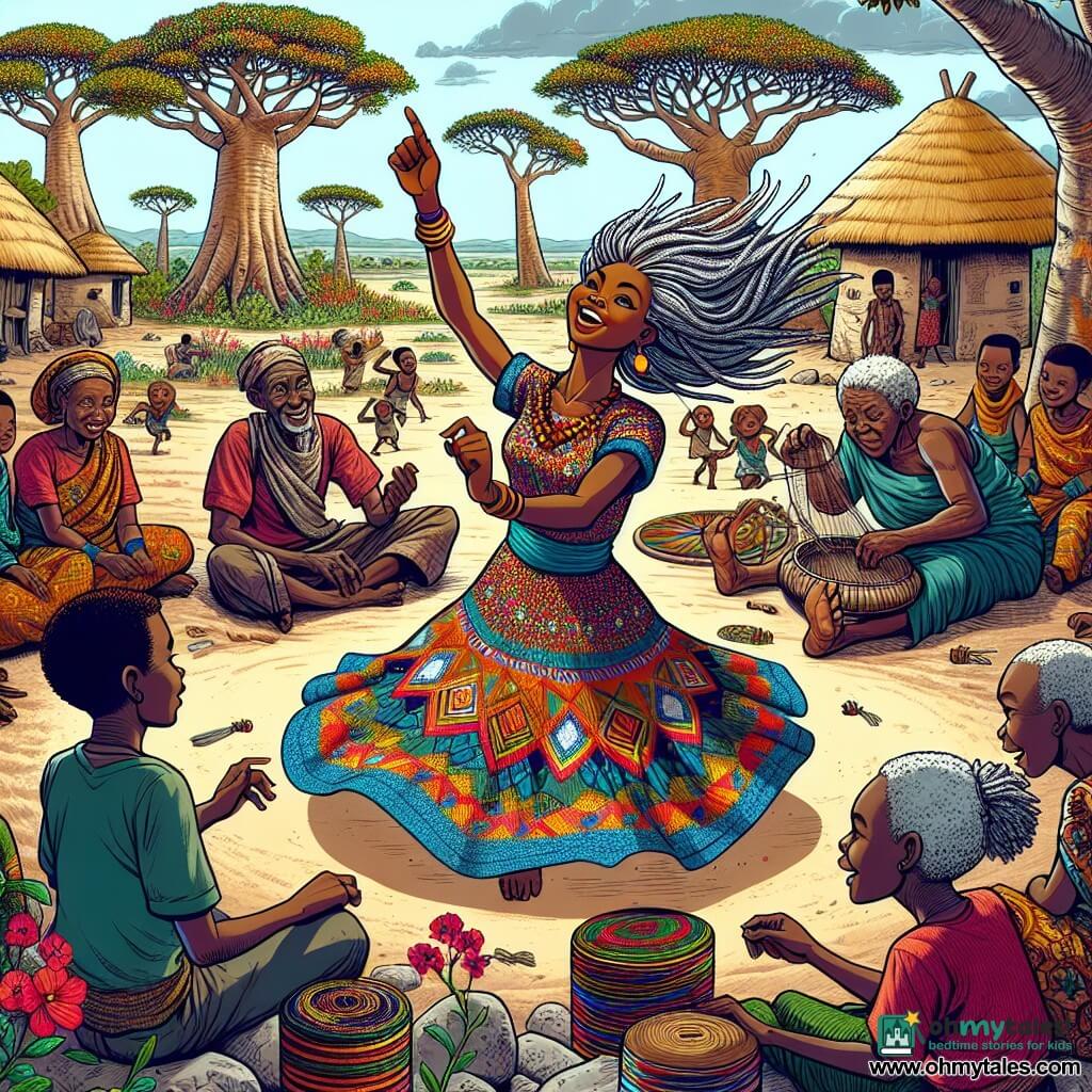 Amina, a young woman with sparkling eyes and golden skin, joyfully dances at the center of a circle formed by villagers, her smile radiating happiness. She wears a vibrant dress with colorful patterns, her arms raised to the sky, expressing deep joy and a connection to the music of the dance. Next to her, Mama Juma, an elderly woman with silver hair and a wrinkled face, passionately tells a story, her hands gesturing to illustrate her words. She sits on a stone, surrounded by fascinated children, listening attentively. Kwame, a middle-aged man with calloused hands and a focused expression, weaves colorful threads on his loom, adding touches of color to the scene. He stands slightly back, watching the dance with a proud smile. The setting is a vibrant African village, with clay houses and thatched roofs, surrounded by majestic baobabs and fields of wildflowers. The sky is a bright blue, dotted with fluffy white clouds, and the ground is covered with golden sand. The main scene shows Amina and the villagers united in a joyful dance, celebrating the diversity and harmony of their community, their laughter and songs echoing in the warm evening air.