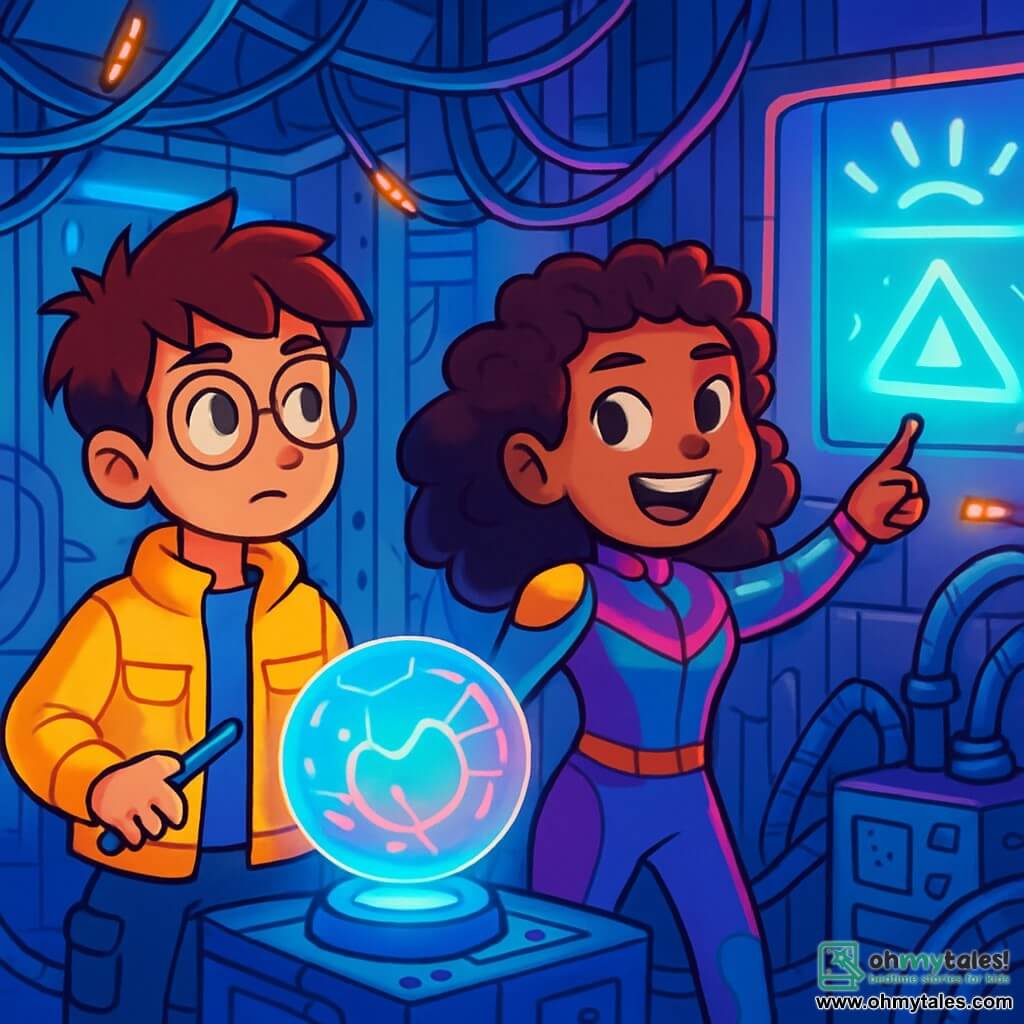 There are two main characters: Milo, a 12-year-old boy with messy brown hair and round glasses, wearing a bright utility jacket and holding a small tool in his hand. He stands on the left, curiously looking at a holographic screen. Jade, a 12-year-old girl with curly hair and high energy, wears a vibrant futuristic jumpsuit and has a bright smile. She stands to the right of Milo, pointing at a glowing message on the wall. The main setting is a futuristic maintenance room filled with sparkling cables and old tech devices. The walls are covered with transparent glass panels, revealing pulsing lights and circuits underneath. In the center, a glowing globe projects colorful holograms, softly illuminating the room with a mysterious glow. The main situation shows Milo and Jade discovering a secret message on a wall, surrounded by cables and machines. They are amazed and focused, ready to solve the mystery that could help their futuristic city, Zephyra.