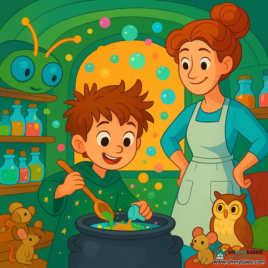 An eight-year-old boy named Felix, an apprentice wizard with spiky hair, wears a green tunic adorned with small sparkling stars. His face shows joyful concentration, and his eyes sparkle with curiosity as he mixes a colorful potion in a large iron cauldron. Beside him, Mags, a tall and smiling woman with her hair in a fluffy bun, watches kindly. She wears a sky-blue dress and a pocket-filled apron, holding a wooden spoon ready for use. The setting is inside the Potion Bus, a magical vehicle resembling a large green insect, with jar-shaped windows and shelves filled with shiny jars. Potion bubbles float around, illuminating the space with bright colors, while a small group of familiars, including an owl and plush mice, settles in a cozy corner. The main scene shows Felix pouring a sparkling potion into a small jar, surrounded by curious creatures watching him with wide, amazed eyes. The atmosphere is joyful and magical, filled with laughter and vibrant colors, as potion bubbles float in the air, creating an enchanted ambiance.