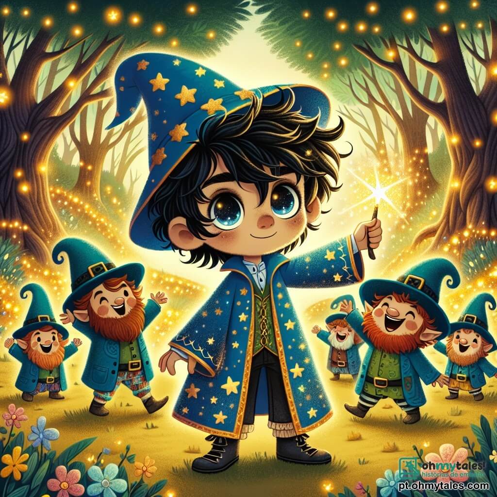 No centro da imagem, um jovem feiticeiro chamado Tomás, com cerca de 10 anos, está de pé com uma expressão determinada no rosto. Ele tem cabelos pretos bagunçados, olhos brilhantes como estrelas e veste uma robe de feiticeiro azul decorada com estrelas douradas. Em sua mão, segura uma pequena varinha mágica que brilha. Ao seu lado, vários duendes alegres e travessos, medindo cerca de 30 cm, pulam ao seu redor. Eles usam chapéus pontudos coloridos e roupas em patchwork, rindo enquanto apontam para a direção onde está a Fada da Luz. A cena acontece em uma clareira encantada, cercada por árvores majestosas com troncos grossos e folhas luminosas, iluminada por vagalumes que dançam no ar. Flores multicoloridas cobrem o chão, e uma suave luz dourada filtra através dos galhos. Tomás e os duendes estão celebrando sua vitória após encontrar os ingredientes mágicos para quebrar a maldição de sua família, cercados por uma aura de magia e amizade.