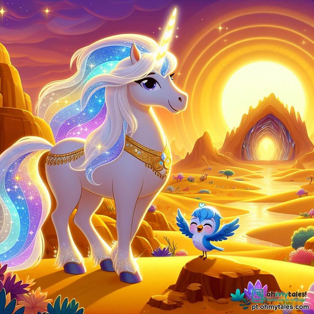 Em um deserto mágico, uma linda unicórnio fêmea chamada Lira se ergue orgulhosamente, seu pelo brilhando sob o sol poente. Seu pelo é de um branco radiante, e seu chifre brilha como estrelas, enquanto ela exibe uma expressão alegre e determinada, pronta para ajudar seu amigo. Ao seu lado, um pequeno pássaro azul chamado Tito, um menino de 7 anos, com penas brilhantes e olhos cintilantes, voa ao seu redor, cheio de excitação e gratidão. Ele canta alegremente, enquanto Lira o incentiva com um sorriso caloroso. O cenário é um vasto deserto dourado, salpicado de oásis luxuosos e flores coloridas, com uma caverna cintilante ao fundo, onde cristais brilhantes iluminam o interior. A situação principal mostra Lira e Tito, unidos em sua busca, explorando juntos o deserto em busca do ninho perdido de Tito, cercados pela beleza mágica de seu ambiente.
