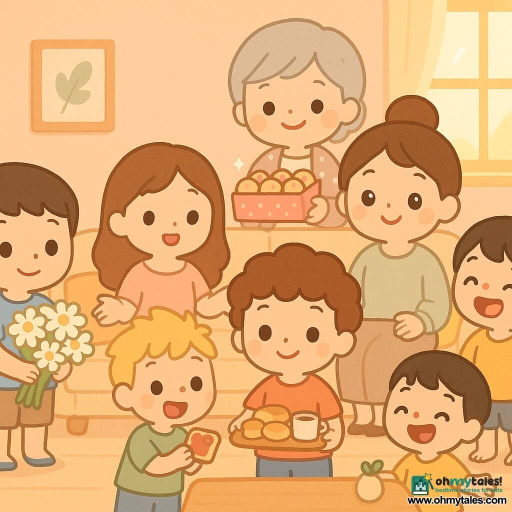 There are seven people: Oliver, a 6-year-old brown-haired boy in a blue T-shirt holding a large bouquet of daisies standing left near the sofa; Sam, a 5-year-old blond boy in a green T-shirt smiling with a jam-covered toast, slightly in front of Oliver; Max, a 6-year-old curly chestnut-haired boy in a red T-shirt carrying a tray with mini rolls and a cup at the center in front of the sofa; Leo, a 4-year-old straight black-haired boy in a yellow T-shirt with jam on his nose laughing at the right near the sofa arm; Oliver’s mother, a 30-year-old woman with long wavy hair in a pastel dress sitting left on the sofa with surprised open hands; Max’s mother, a 32-year-old woman with hair in a bun wearing a soft sweater sitting right on the sofa with tearful eyes; and the grandmother, a 65-year-old short gray-haired woman in a polka-dot cardigan standing behind the sofa holding a sparkling box of cupcakes. The setting is a bright cozy living room with a large beige sofa, colorful cushions, a light wood coffee table with a small vase, soft peach walls and a window letting in a golden sunbeam. The main moment: the four children surprise the mothers for Mother’s Day with flowers, a breakfast tray and cupcakes; warm, tender atmosphere and emotional mothers.