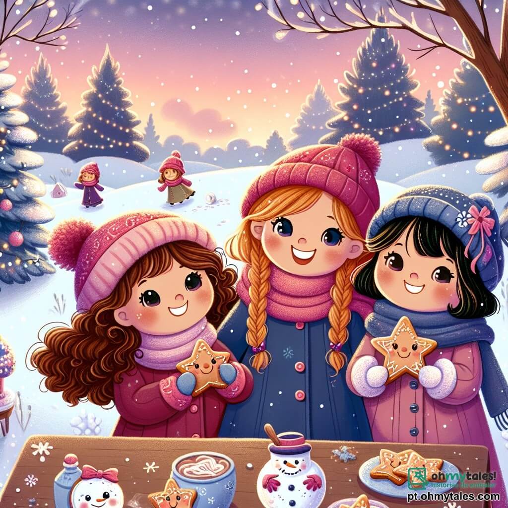 Quatro meninas alegres, com cerca de 8 anos, estão em uma paisagem invernal encantadora. Ana, com cabelos cacheados castanhos e um gorro vermelho, sorri segurando um biscoito em forma de estrela. Bia, com cabelos loiros trançados e um cachecol rosa, exibe orgulhosamente seu biscoito em forma de boneco de neve. Clara, com cabelos castanhos e um casaco azul, se prepara para lançar uma bola de neve, enquanto Lúcia, com cabelos negros e um casaco roxo, admira as luzes cintilantes do céu ao crepúsculo. O cenário é um jardim coberto de neve, onde a neve brilhante cobre o chão como um tapete macio. Árvores com galhos carregados de neve cercam o local, e o céu apresenta tons de rosa e laranja, iluminado pelas primeiras estrelas que aparecem. As meninas estão reunidas em torno de uma mesa de madeira, onde há canecas de chocolate quente fumegante e pratos de biscoitos decorados. Elas riem e compartilham suas criações enquanto admiram a beleza da paisagem invernal, criando uma atmosfera acolhedora e festiva.
