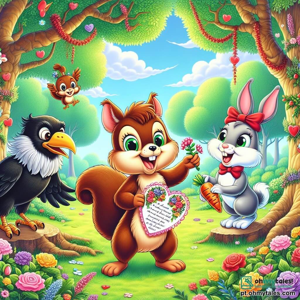Um pequeno esquilo chamado Quico, com pelagem marrom e olhos brilhantes de alegria, está no centro da clareira, sorrindo amplamente enquanto decora uma árvore com guirlandas de flores coloridas para o Dia dos Namorados. À sua direita, uma corvo sábio com penas cinzas e um olhar travesso segura um poema escrito em um bonito cartão, seu rosto radiante de excitação enquanto se prepara para lê-lo a seus amigos. À sua esquerda, um coelhinho travesso com grandes orelhas brancas e uma gravata borboleta vermelha pula de alegria, segurando uma cenoura decorada em forma de coração, pronto para compartilhar. A cena acontece em uma clareira encantada, cercada por árvores majestosas com folhas verdes vibrantes e flores multicoloridas que dançam ao vento, sob um céu azul claro salpicado de nuvens fofas. Quico e seus amigos se empenham alegremente em preparar a festa, trocando risadas e presentes, enquanto o sol brilha, criando uma atmosfera mágica e acolhedora, cheia de amor e amizade.