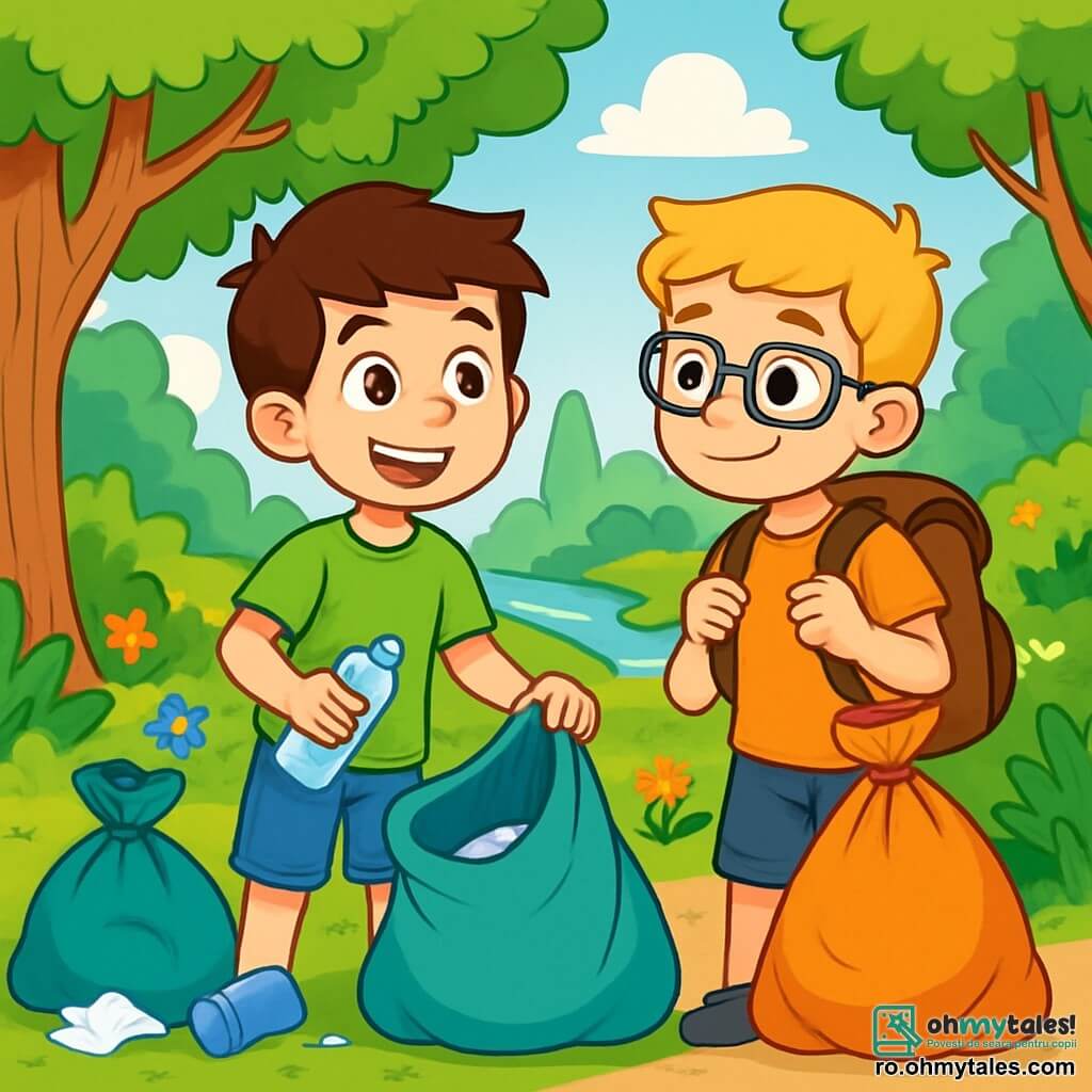 Un băiat de 12 ani, Andrei, cu părul brun și ochii plini de curiozitate, stă în picioare într-o frumoasă rezervă naturală. Poartă un tricou verde aprins și o pereche de șorturi din denim, având un zâmbet mare pe față, arătându-și entuziasmul pentru explorare. Lângă el, prietenul său Radu, tot de 12 ani, cu părul blond și ochelari, ține un rucsac plin de provizii ecologice. Radu îl privește pe Andrei cu admirație, pregătit să-l ajute în misiunea lor. Decorul este o pădure luxuriantă, cu copaci măreți cu frunze verzi strălucitoare, flori colorate împrăștiate pe sol și un cer albastru deschis presărat cu nori albi pufoși. La distanță, se poate observa un pârâu strălucitor, adăugând frumuseții peisajului. Situația principală îi arată pe Andrei și Radu adunând deșeuri în pădure, înconjurați de saci de gunoi colorați, hotărâți să curețe natura și să protejeze mediul. Sunt concentrați și motivați, ilustrând importanța conservării planetei.