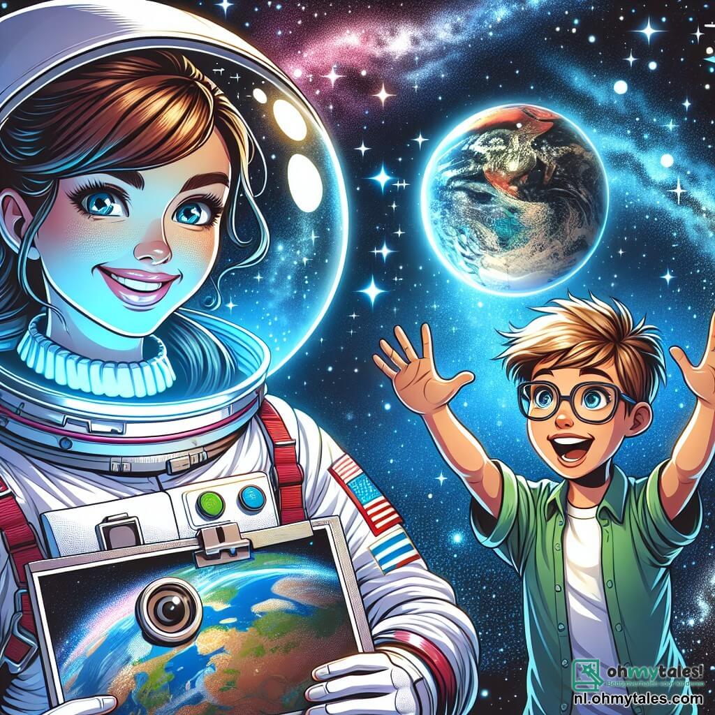 Een vrouwelijke astronaut, Lisa, met een stralende glimlach en sprankelende ogen van opwinding, zweeft in de ruimte, gekleed in een witte ruimtepak versierd met kleurrijke details. Haar bruine haar is in een paardenstaart, en ze houdt een foto van de aarde vast, verwonderd door haar schoonheid. Naast haar kijkt een 10-jarig jongetje, Max, met wild blond haar en een bril, met grote ogen naar de foto, met opgetrokken armen in verbazing. Op de achtergrond is een spectaculair uitzicht op de aarde, met zijn blauwe oceanen en groene continenten, tegen een sterrenhemel bezaaid met fonkelende melkwegen. De belangrijkste situatie toont Lisa en Max die samen een magisch moment delen, samen zwevend in de uitgestrektheid van de ruimte, omringd door de oneindigheid en schoonheid van het universum.