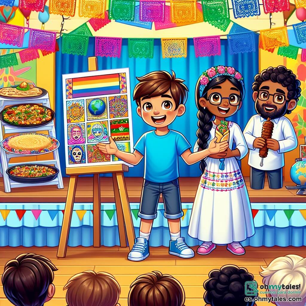 Un niño de 10 años, Lucas, con cabello castaño y ojos brillantes, sonríe con entusiasmo mientras presenta un cartel colorido sobre la diversidad cultural. Lleva una camiseta azul brillante y un short de mezclilla, de pie en un escenario decorado con guirnaldas multicolores. A su lado, Sofía, una niña de 10 años de origen mexicano con largas trenzas negras, sostiene un plato de pan de muerto, radiante de orgullo. Un poco más atrás, Ahmed, un niño de 10 años con cabello rizado y piel oliva, sonríe mientras sostiene una brocheta de kebab, listo para compartir su cultura. El lugar es el gimnasio de la escuela, lleno de decoraciones festivas: banderines de todos los colores, mesas cargadas de platos de todo el mundo y niños sentados en sillas, cautivados por la presentación. La situación principal muestra a Lucas, Sofía y Ahmed en el escenario, compartiendo sus historias culturales con un público entusiasta, creando un momento de alegría y unidad a través de la diversidad.