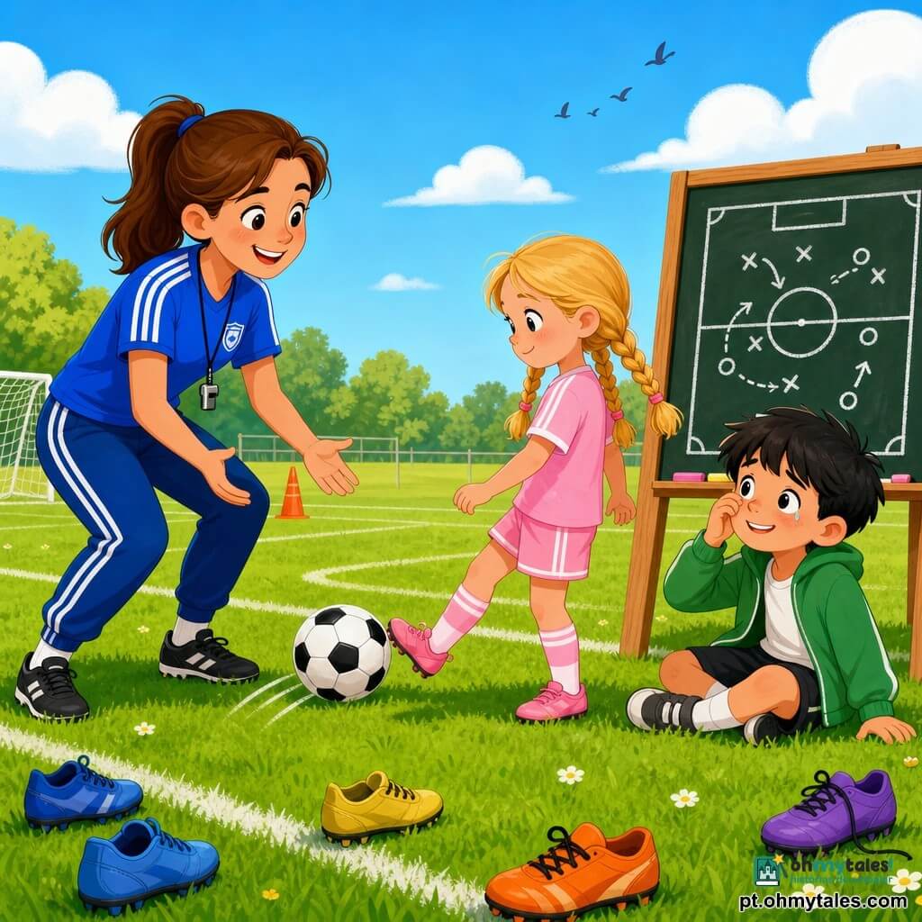 Uma jogadora de futebol sorridente e acolhedora, cabelos castanhos presos em rabo de cavalo e uniforme azul com riscas brancas, com a mão pronta para receber um passe; Sofia, cerca de 7 anos, tímida mas corajosa, cabelos loiros em tranças e roupa rosa clara, empurra suavemente a bola; Lucas, cerca de 8 anos, cabelo preto e casaco verde, sentado à direita a enxugar uma lágrima e a levantar‑se; campo de relva verde com linhas brancas, botas espalhadas, um quadro negro com desenho do campo e céu azul com nuvens; cena de ajuda mútua, ambiente quente, cores saturadas e formas simples e arredondadas para crianças.