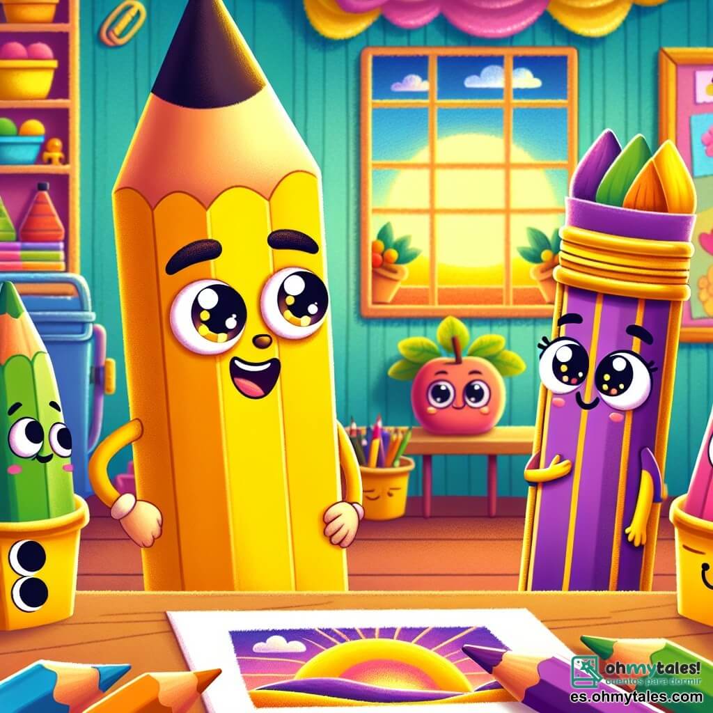 En el centro de la imagen, un pequeño lápiz amarillo brillante llamado Pablo, con una cálida sonrisa y ojos brillantes, se enfrenta valientemente a un grupo de lápices. Tiene una expresión determinada, rasgos finos y está afilado, listo para defender a su amiga. A su derecha, Lila, un lápiz morado, con una expresión tímida pero llena de esperanza, dibuja un hermoso paisaje de atardecer en una hoja de papel. En el fondo, un lápiz verde llamado Vicente, con ojos redondos y una sonrisa amigable, observa la escena, mientras que un marcador naranja llamado Nara, con cabello en forma de pluma, aplaude alegremente. Todos parecen animar a Pablo y Lila, mostrando expresiones de apoyo y amistad. La escena se desarrolla en un aula colorida, llena de juguetes, con paredes decoradas con dibujos de niños y una gran ventana que deja entrar la luz del sol. La situación principal muestra a Pablo hablando con pasión para defender a Lila contra murmullos de algunos lápices críticos, abogando por la aceptación y la diversidad, mientras Lila, inspirada por su amigo, comienza a dibujar un paisaje vibrante, símbolo de su amistad y unidad.